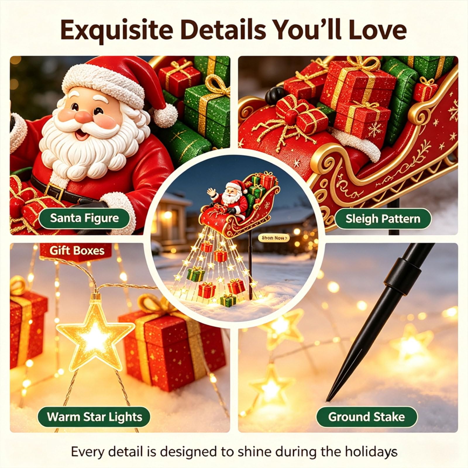 Santa Flying Sleigh Gift Cascade, LED Christmas Star Lights Outdoor Yard