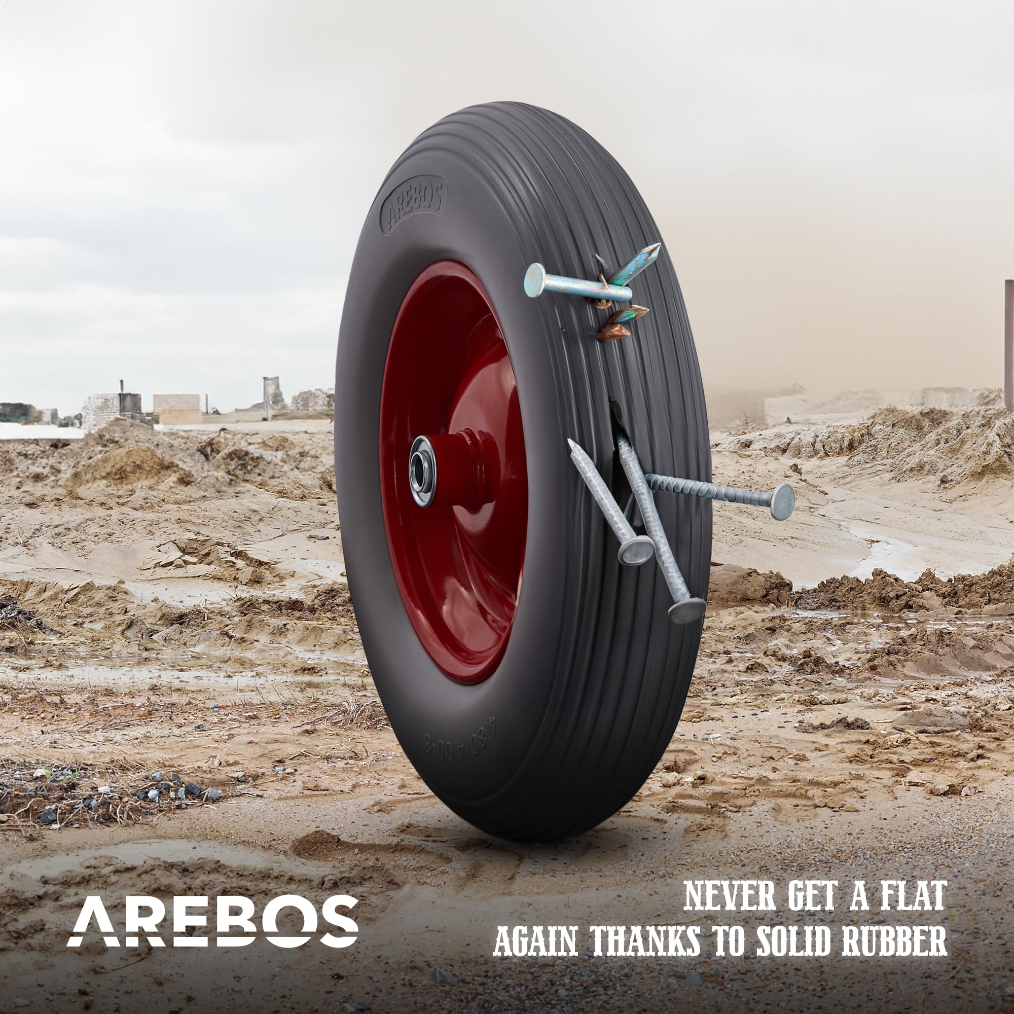 EINFEBEN Kruiwagenwiel, lekvrij, 4.80 4.00-8 massief rubber, reservewiel kruiwagen, 200 kg draagvermogen, reservewiel met as, stalen velg banden geel-rood, bandbreedte 95 mm