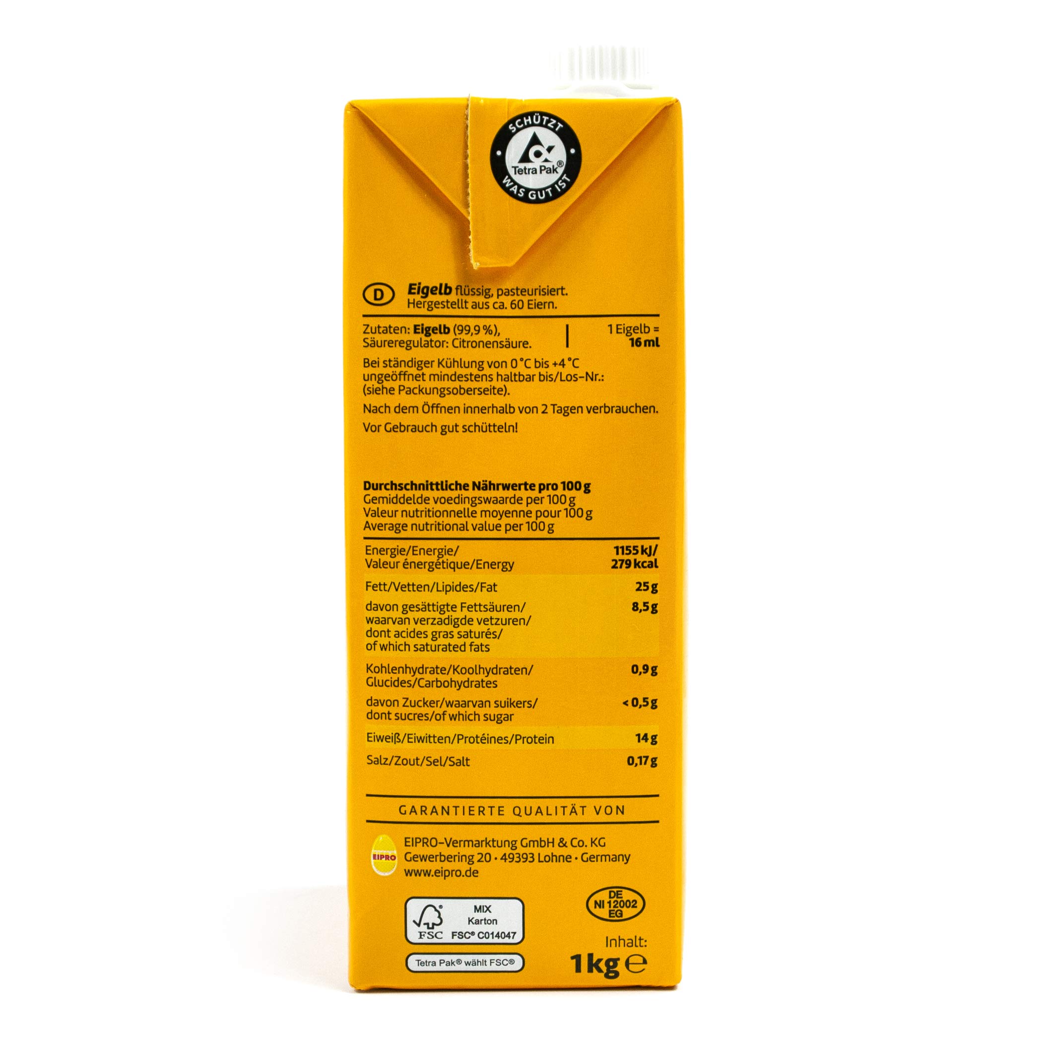 Eifix - 5er Pack Eigelb flüssig hergestellt aus ca. 60 Eiern 1 kg Packung - Eipro flüssiges Eigelb ohne Konservierungsstoffe (pasteurisiert)