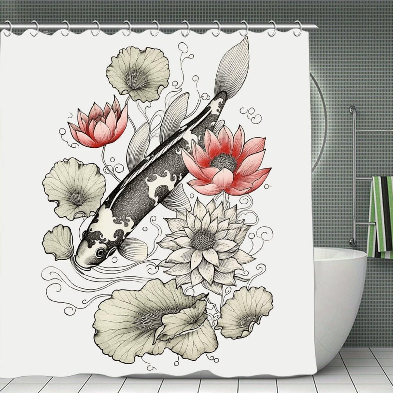 VstaDank Fish Japanese Carp Lotus Leaves Flower Bath Curtain Elegant Heavy Duty Shower Curtains 70x70 in Rustic Farmhouse Cloth Shower Curtains Neutral Modern Bath Curtain for Bathroom