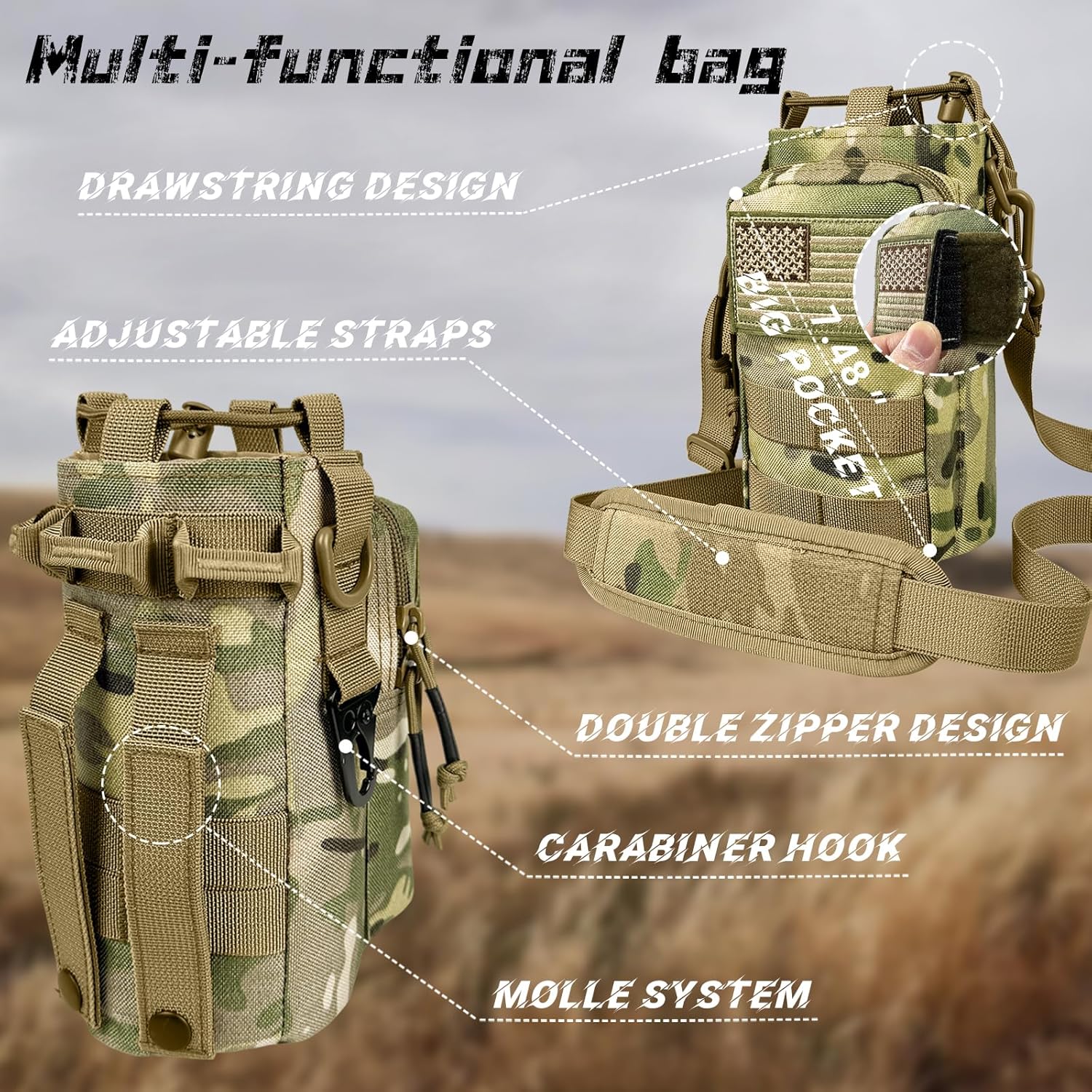 32 oz Water Bottle with Sleeve - Military Green Stainless Steel Metal Insulated Water Jug, Sports Bottle for Gym Hiking Camping Camo Pouch - Image 4