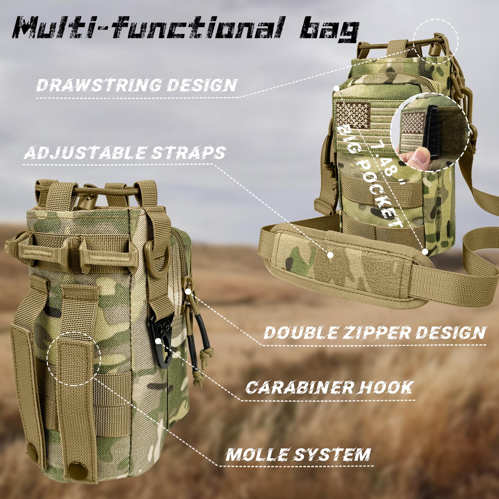 32 oz Water Bottle with Sleeve - Military Green Stainless Steel Metal Insulated Water Jug, Sports Bottle for Gym Hiking Camping Camo Pouch