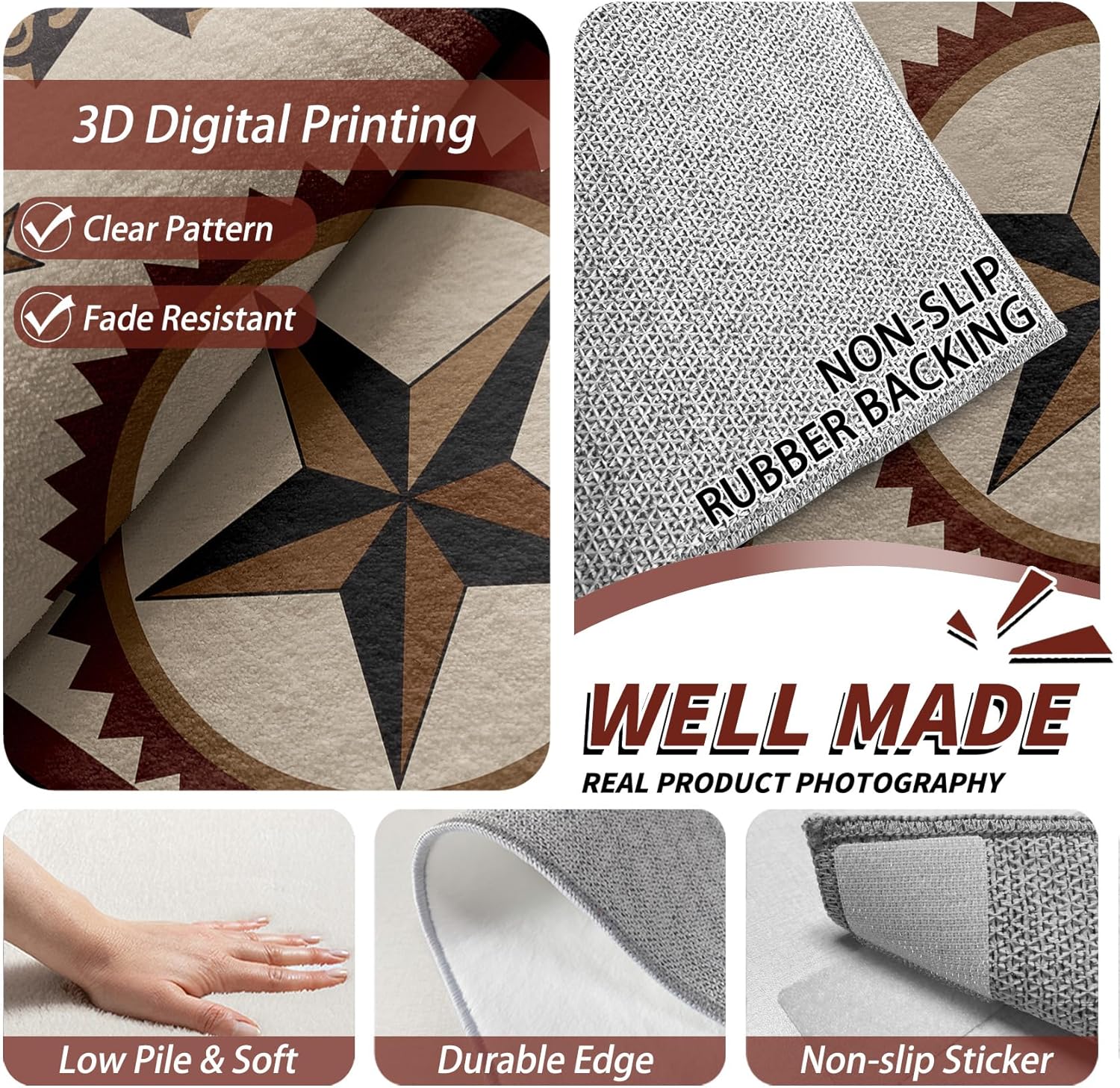 Western Rugs for Bedroom - Texas Star Rug, 2x3 Rug, Cowboy Cowhide Pattern Area Rugs, Vintage Southwest Farmhouse Door Mat, Washable & Non Slip & Soft Small Carpet Home Decor