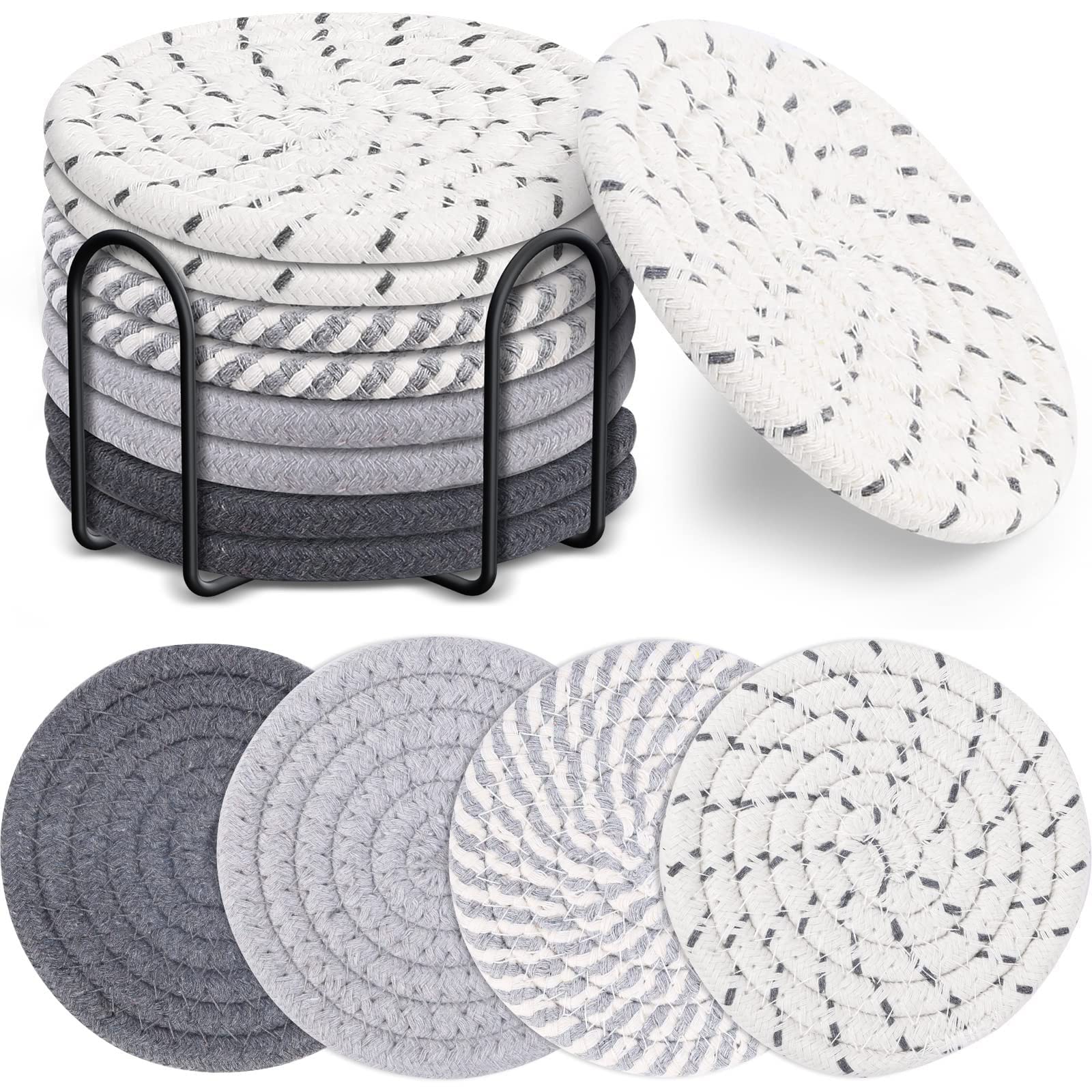 HBSTUDIO Drink Coasters with Holder, 4 Colors Absorbent Coasters for Drinks, Minimalist Cotton Woven Coaster Set for Home Decor Tabletop Protection Suitable for Kinds of Cups,11cm.(8PCS)