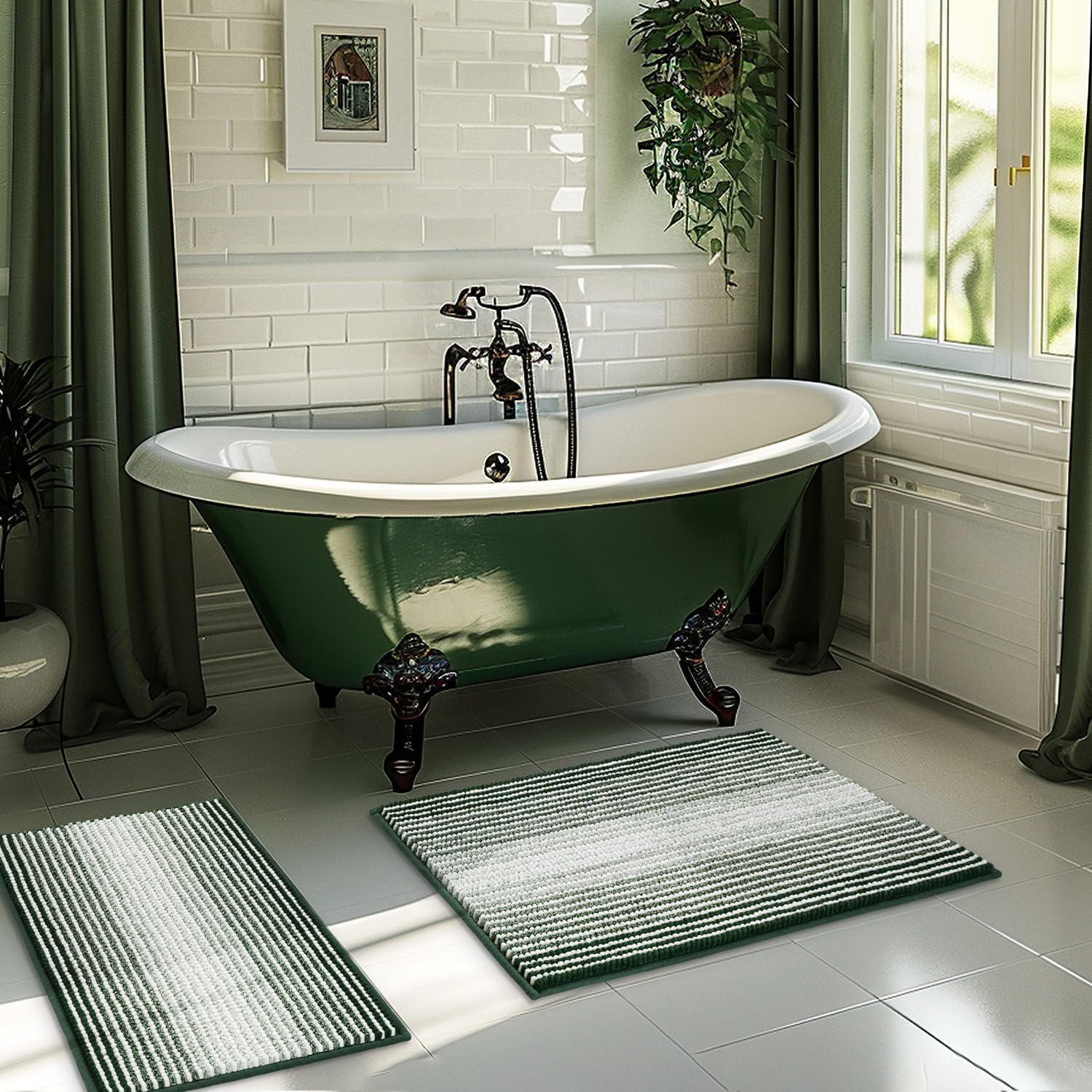 Bathroom Rugs and Mats Sets, 2 Piece Thick Absorbent Chenille Bath Mat Rug Set Non Slip, Soft Shaggy Bath Room Floor Mats for Bathroom, Machine Washable (Hunter Green, 20" x 32" Plus 16" x 24")