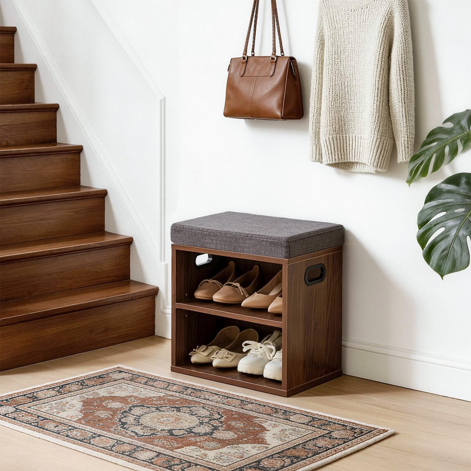YMYNY Banco Zapatero con Asiento de 2 Niveles, Zapatero pequeño, Estante Regulable en 3 Alturas para Sala de Estar, Pasillo, Dormitorio, 42 x 39 x 28 cm Nogal Claro - HBD028LW