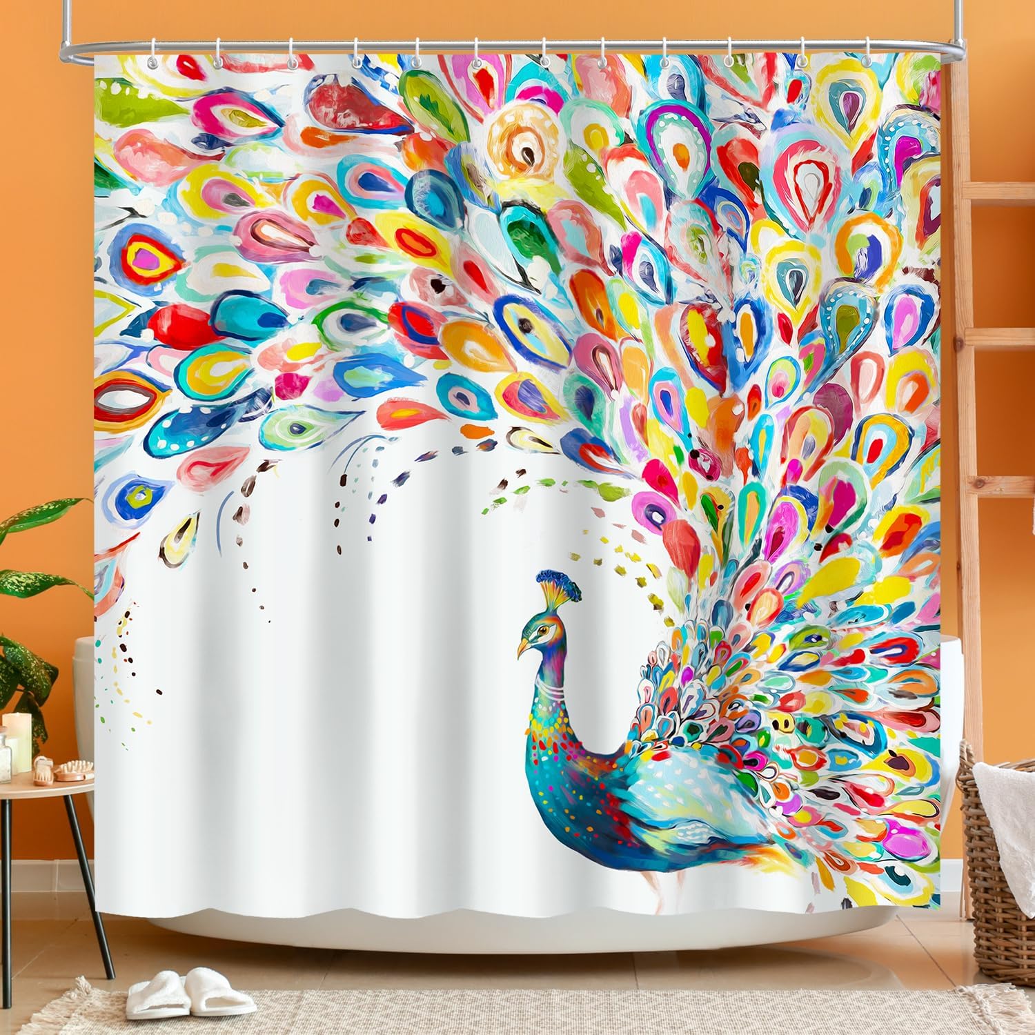 Vimorco Watercolor Peacock Shower Curtain Set, Beige Blue Bathroom Curtain, Home Art Decoration Wallpaper, Waterproof Thick Heavy Duty Curtain with 12 Hooks, Machine Washable, 72 x 72 inch, Peacocks