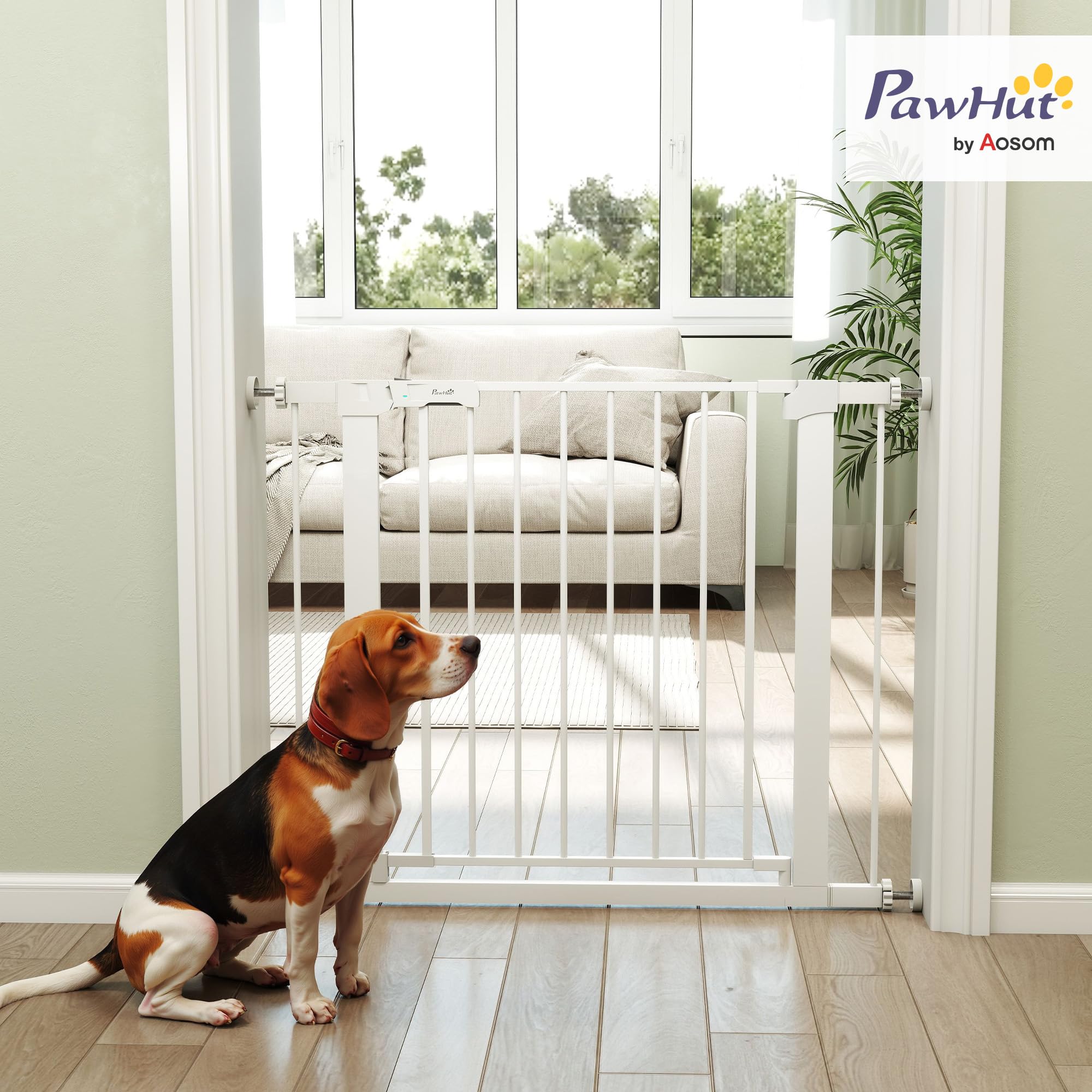 PawHut Cancelletto di Sicurezza per Cani con Fissaggio a Pressione, Cancellino per Cani Estensibile 76-97cm per Scale e Porte, Bianco