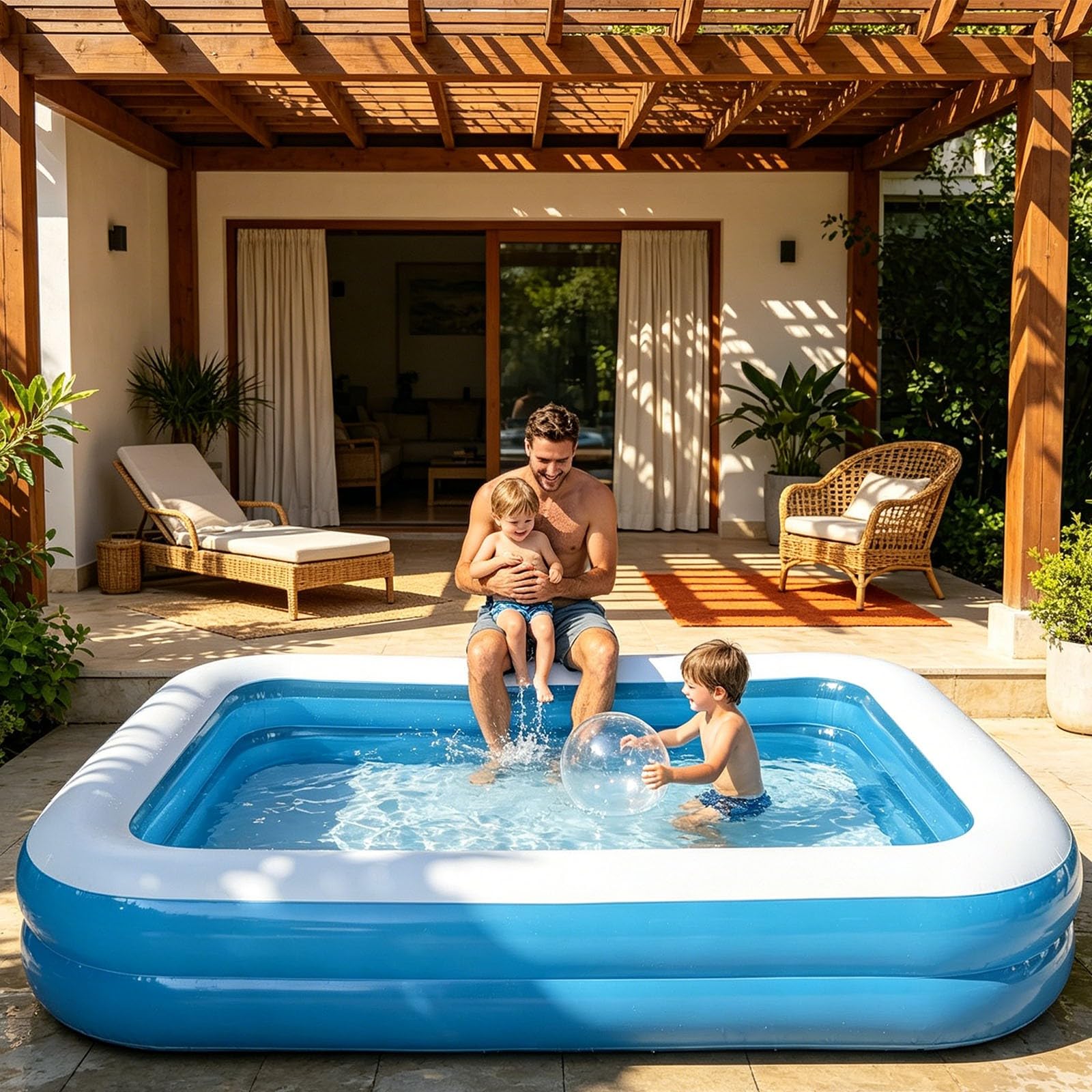 Piscine Rectangulaire Gonflable pour Famille, Piscine de Jardin Compacte et Résistante 200x150x50cm, Facile à Installer pour Baignades et Jeux d'Été