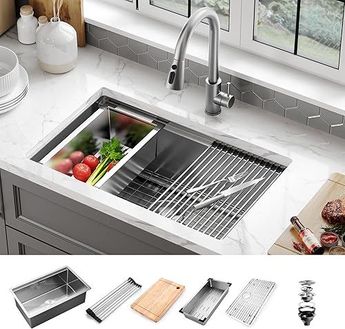 Miniatura 2 de Fregadero de cocina de montaje inferior de 30 x 19 pulgadas, fregadero de estación de trabajo de acero inoxidable con tabla de cortar, estante de