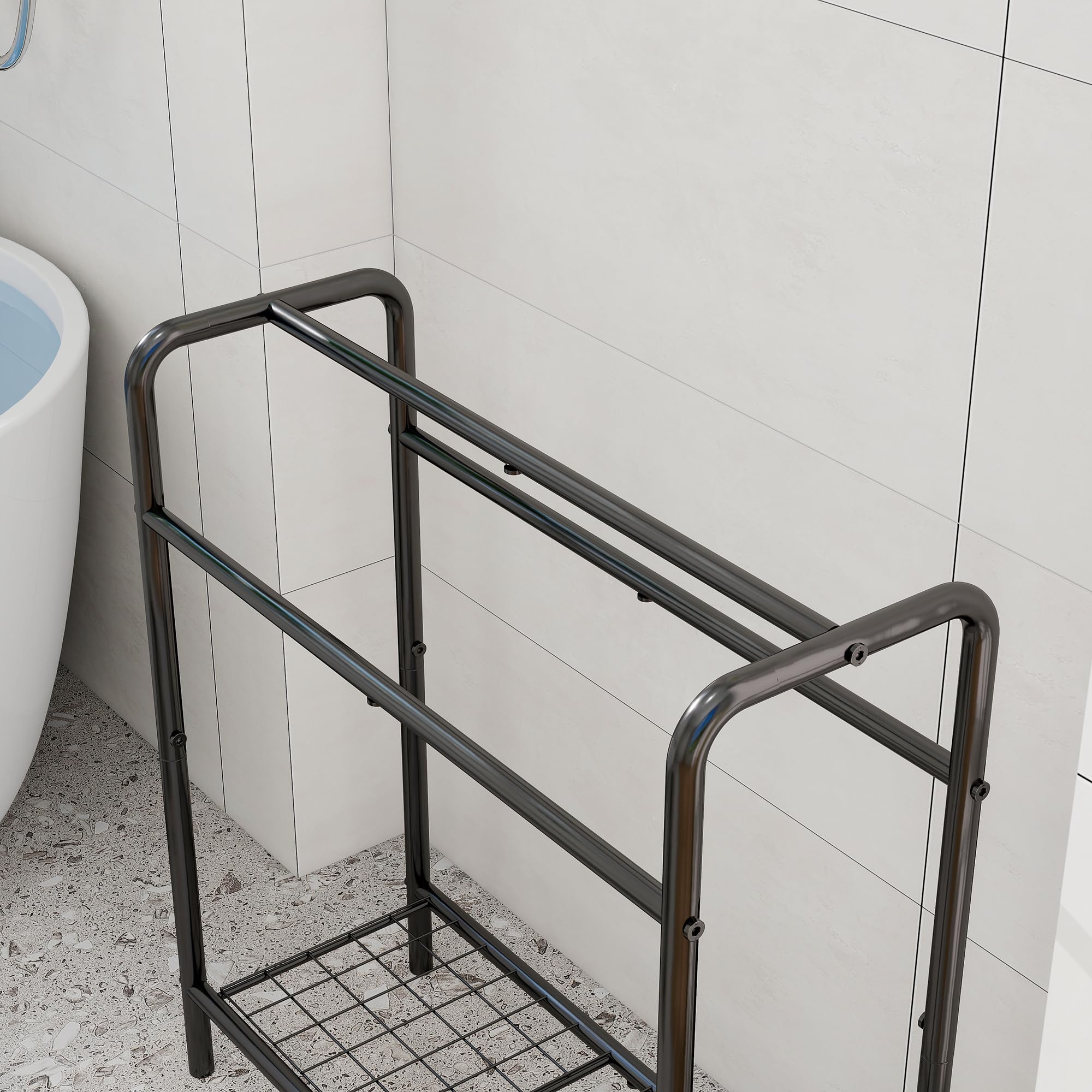 Porte-serviettes à 3 niveaux en métal, petit porte-serviettes autonome pour salle de bain, gain de place, chambre à coucher, salle de bain, étagère d'affichage pour piscine (noir, 70 x 27 x 76