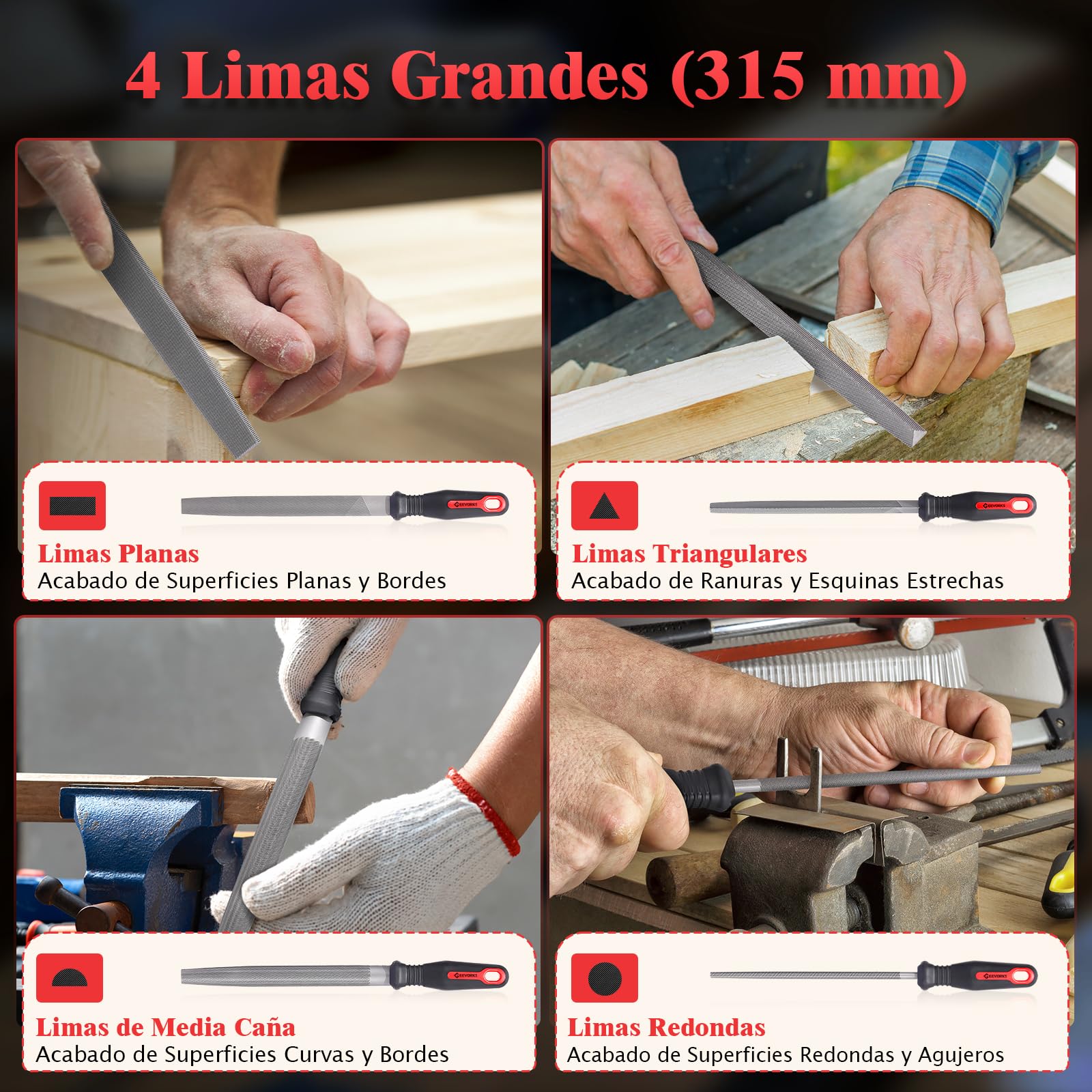 Geevorks Set di lime e scofini, 33 pezzi, set di lime per metallo, 14 lime piccole, 4 lime grandi, 1 spazzola di pulizia, 1 lima di legno, per lucidare legno e metalli