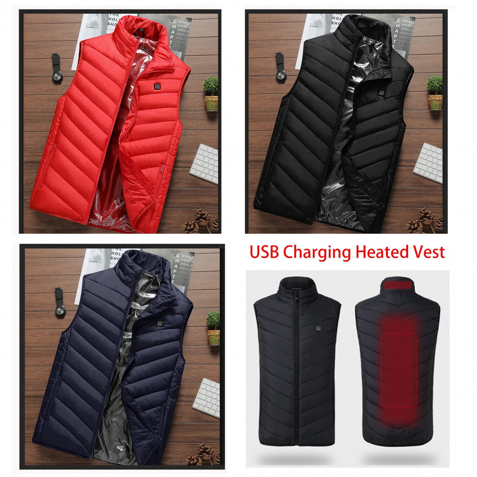 Gilet chauffant grande taille S-8XL, manteau chauffant électrique à chargement USB, avec contrôle de la température à trois vitesses et lavable en machine