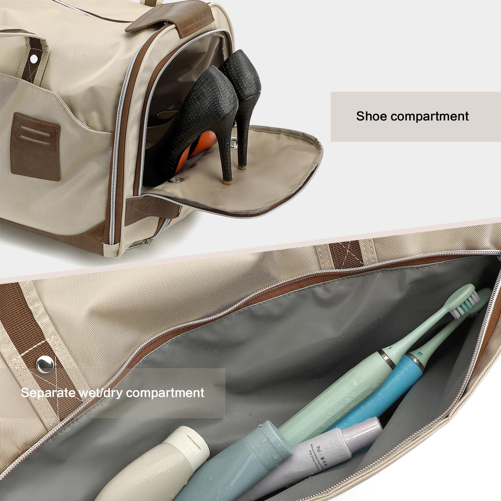 Kleidersack Reisetasche mit Rollen für Damen Umwandelbare Anzugtasche Handgepäck mit Griff und Schuhfach für Kleider Reise Business Hochzeiten 3-in-1-Trolley Garment Duffel Bag 55L, Beige