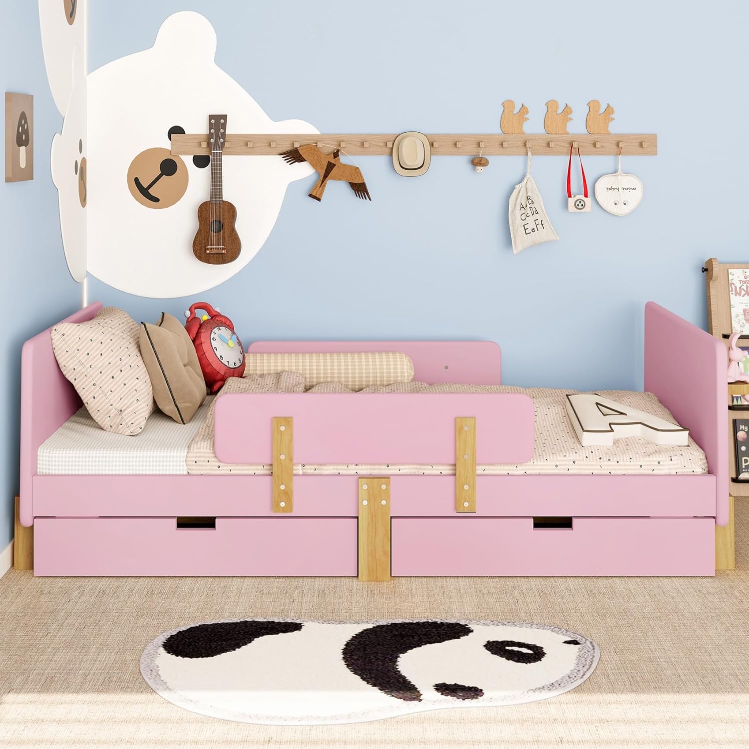 KEIKI Solid Wood Twin Size Bed Frames with Storage Drawers, Headboard, Footboard, Hooks, Guardrails, Pine Wood Twin Bed Captain Daybed Platform for Small Room, Bedroom, Guest Room, Kids' Room