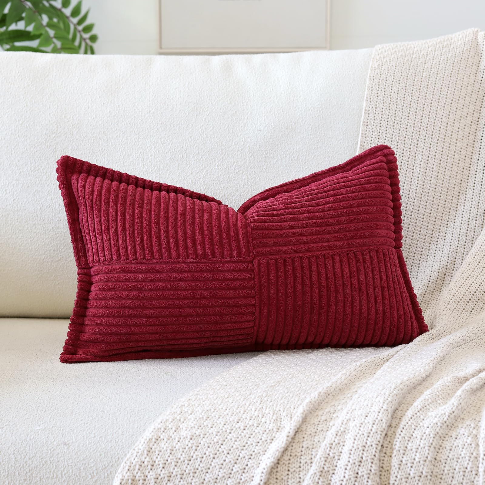 Artscope Striped Corduroy Cushion Covers with Splicing Super Soft Boho Pillow Covers Broadside Decorative Textured Throw Pillows for Couch Sofa Bed Living Room 40x60cm, Wine Red