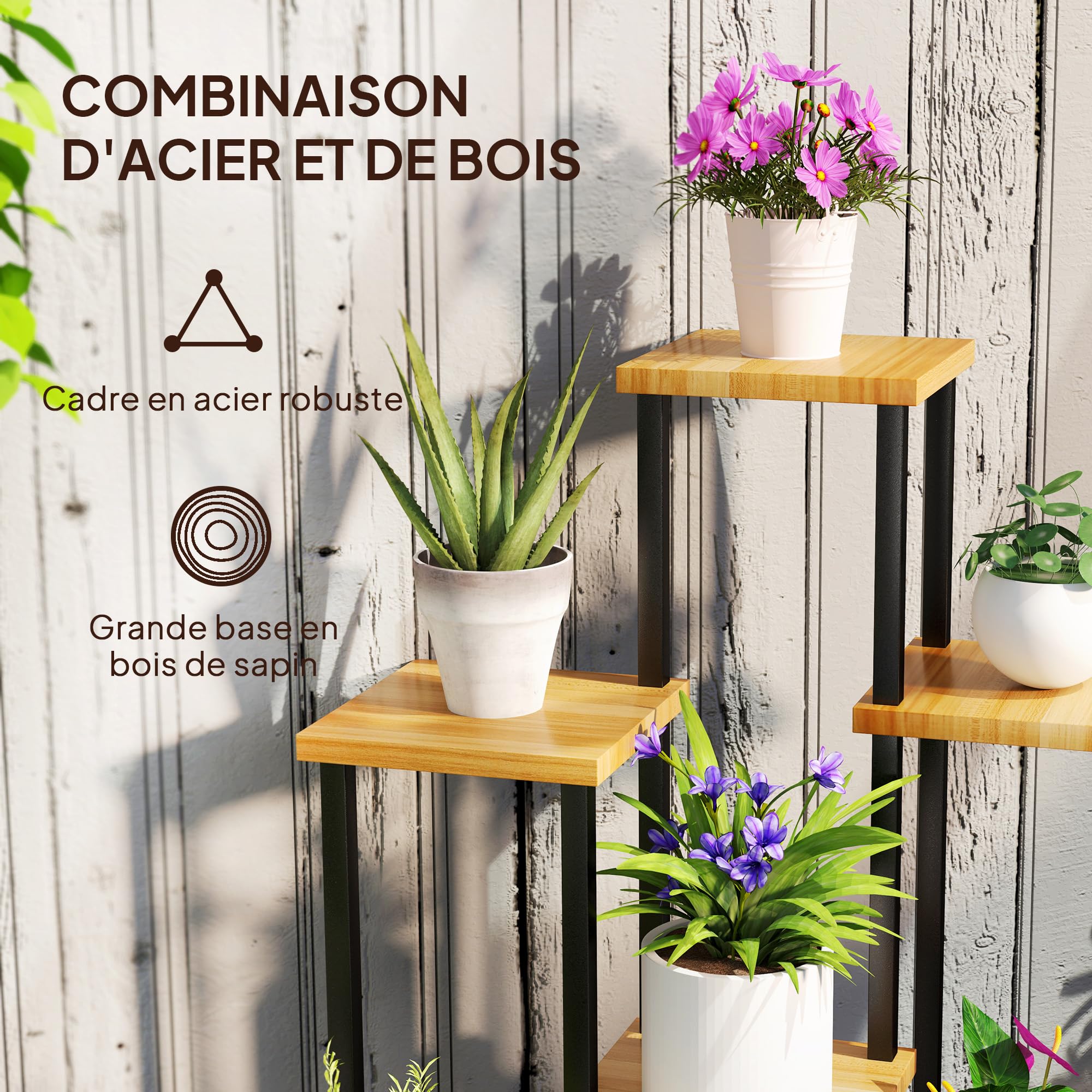 Outsunny Support à plantes à 7 niveaux pour intérieur et extérieur, étagère plante en acier et bois, porte plantes pour jardin, terrasse, balcon, salon, bois naturel