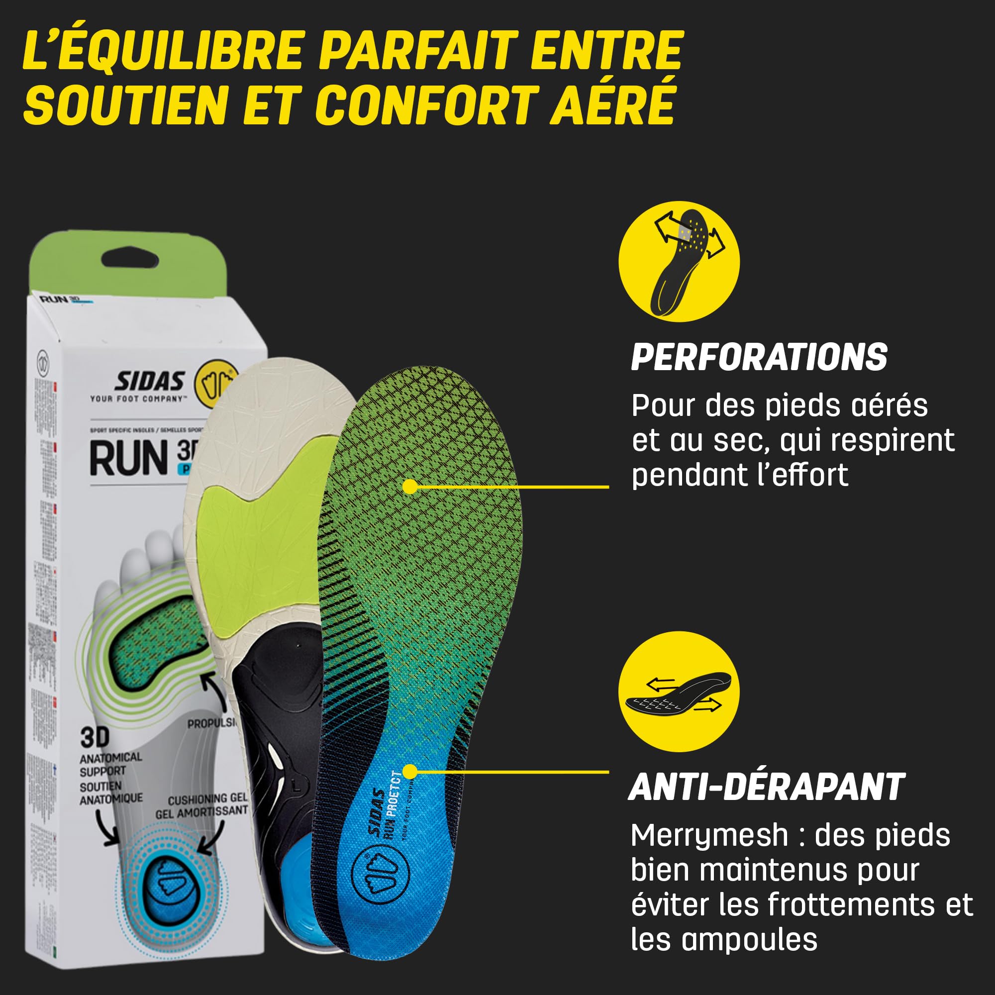 Sidas 3D Run Protect, Semelle Course à Pied, Propulsion et Stabilité, Absorption des Chocs et Confort Durable, Semelles Chaussures Homme et Femme