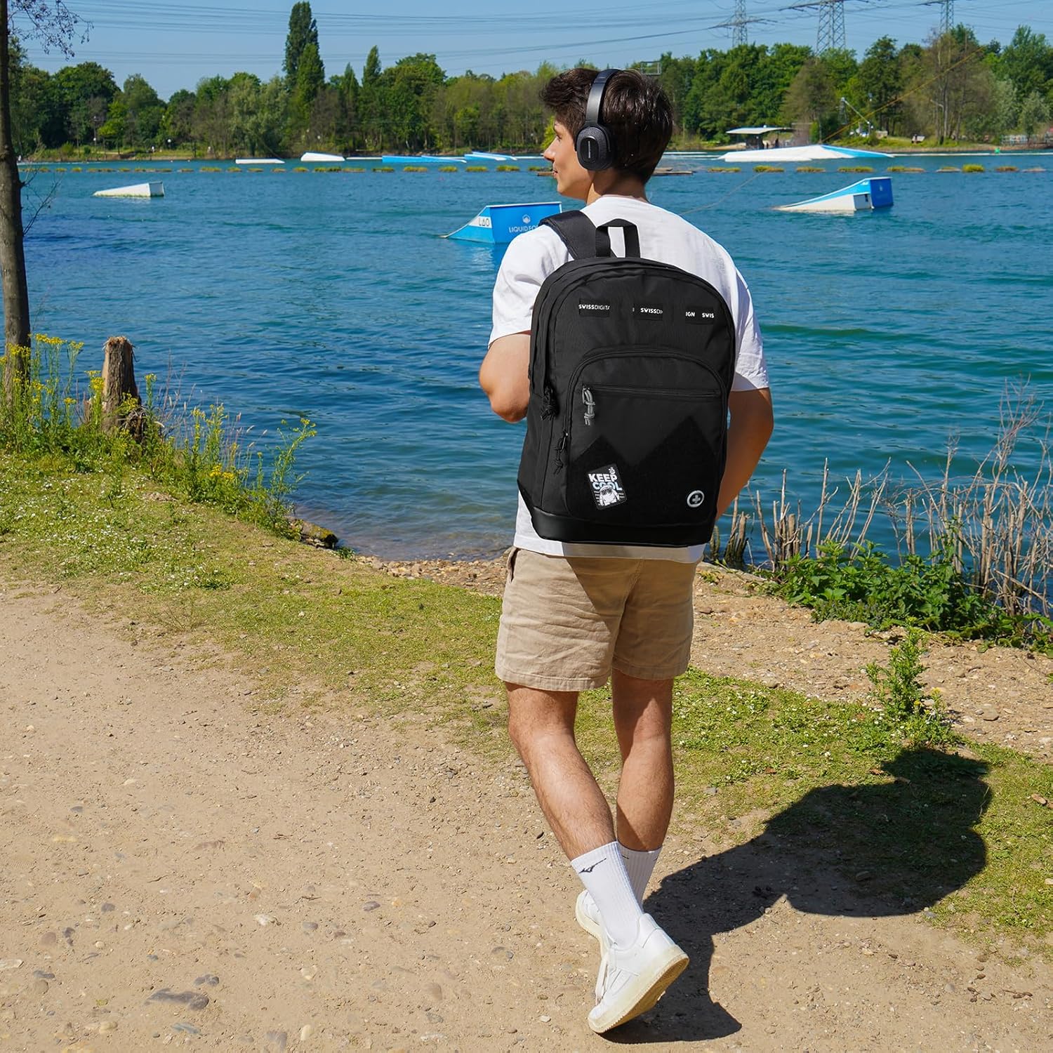 Swissdigital Design Big Student Laptop Backpack with Fun Personalized Patches For College Boy & Girl, Middle High School Teen Bookbag Cool Travel Daypack Black- Includes 3 Patches | SD1718-01 - Image 7