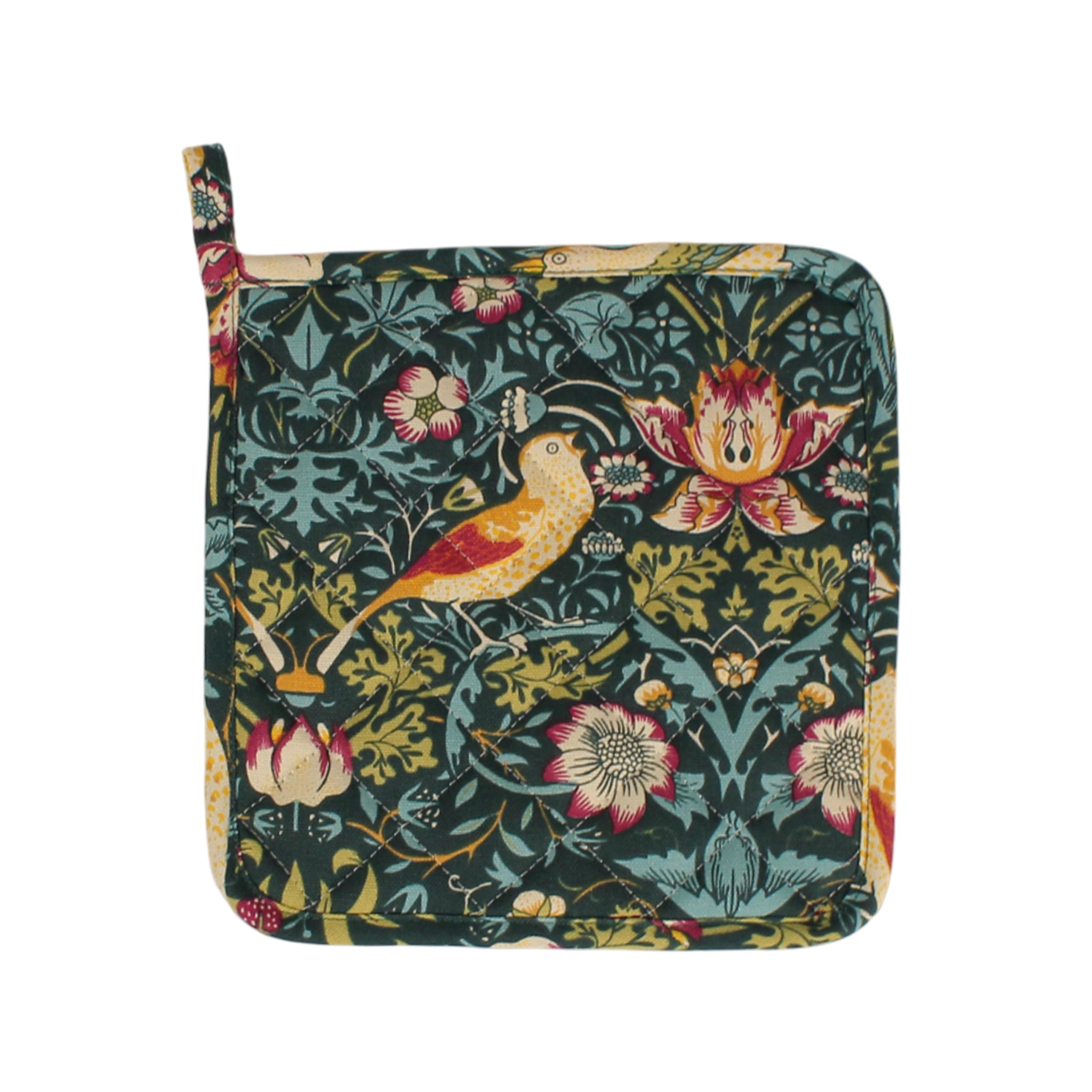 Auntie Morags Green Le Chateau William Morris Strawberry Thief Dark Pot Holder - Birds & Flowers Kitchen Heat Protector Gifts
