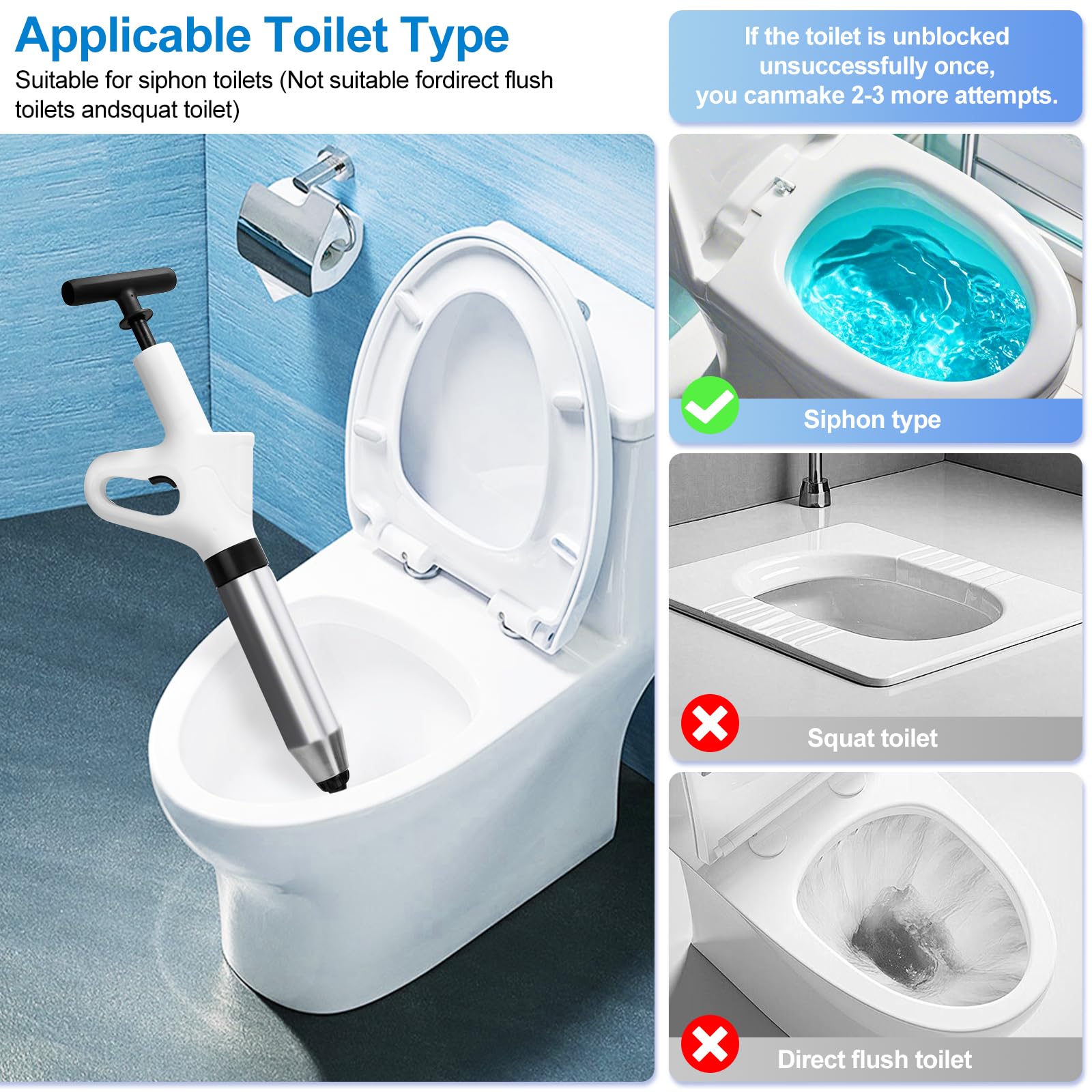 Déboucheur de toilettes très résistant, déboucheur de toilettes, kit de piston haute pression avec 4 têtes remplaçables et semelle intérieure gonflable pour débloquer l'évier de la cuisine