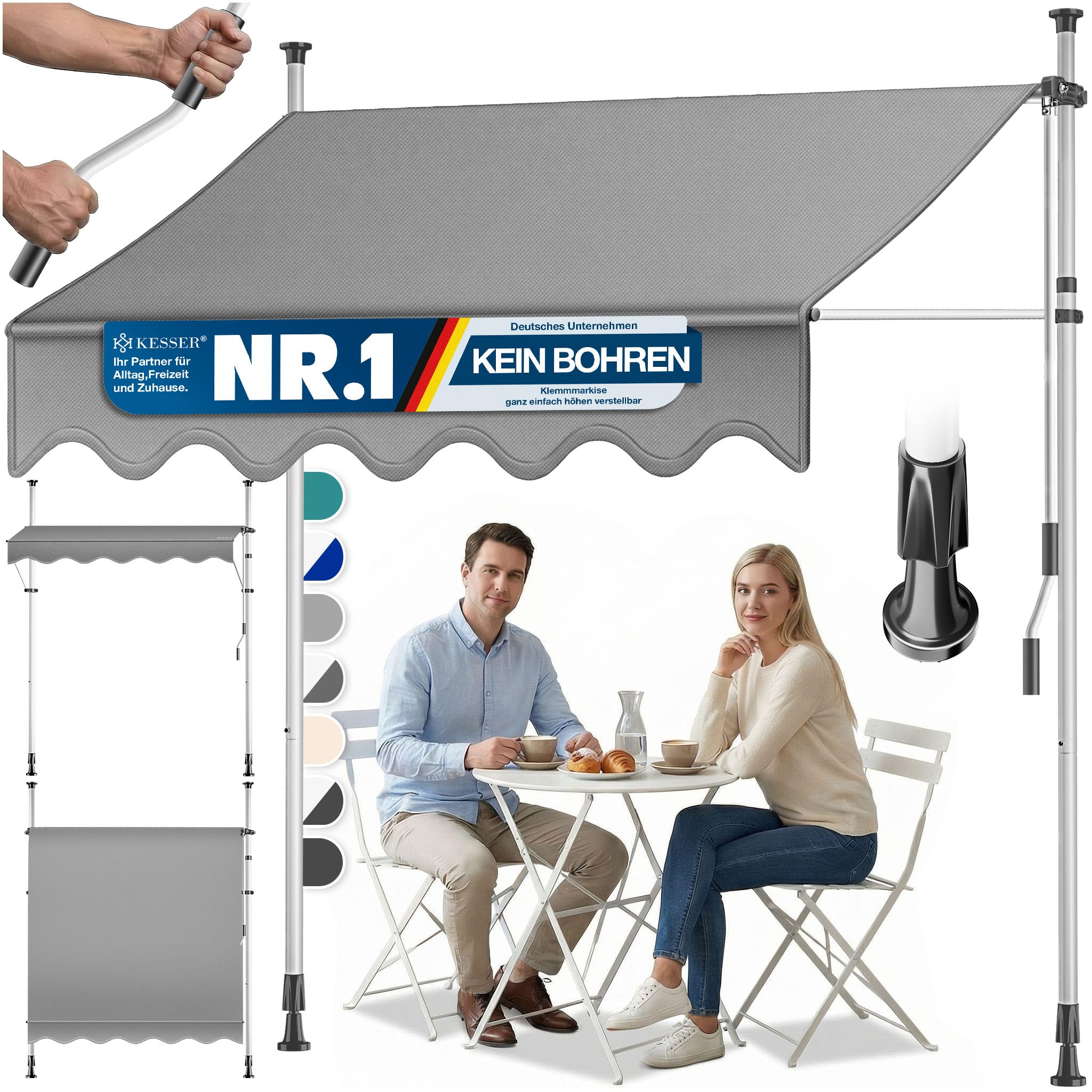 KESSER® Sonnenschutz Markise manuell ausziehbar 350cm | Sonnensegel UV Schutz Sonnenschutz | Klemmmarkise für Outdoor, Terrasse, Balkon, Garten höhenverstellbar ohne Bohren, Grau