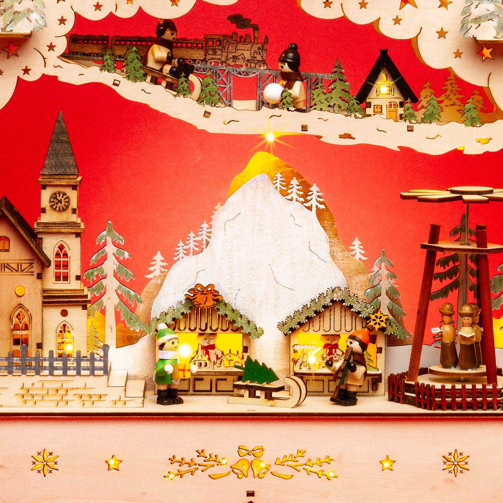 SIKORA LB46 beleuchteter LED XL Holz Schwibbogen Berg-WEIHNACHTSDORF mit drehender Pyramide inklusive Trafo