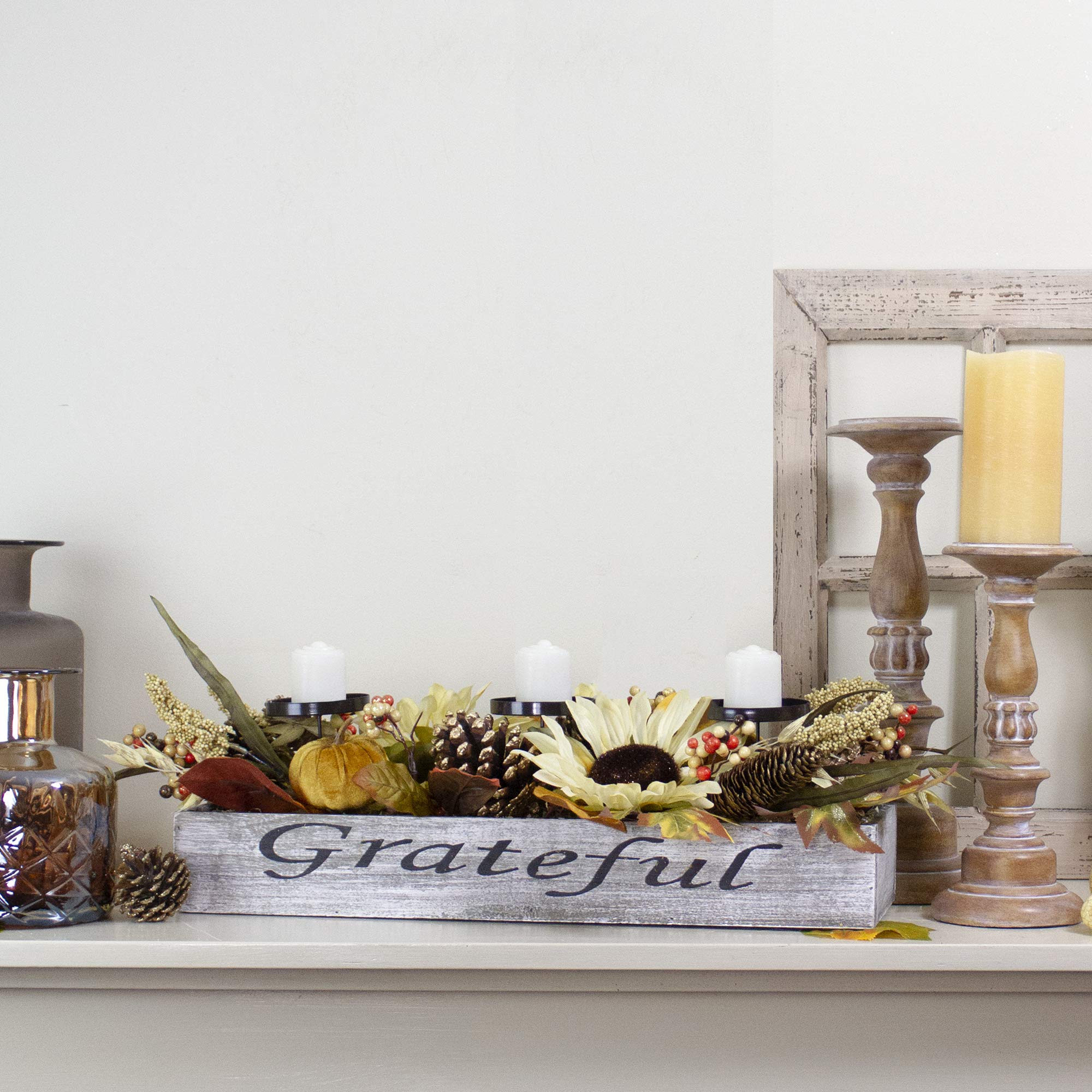 Northlight Autumn Sunflower Grateful Triple Candle Holder Centerpiece - 30