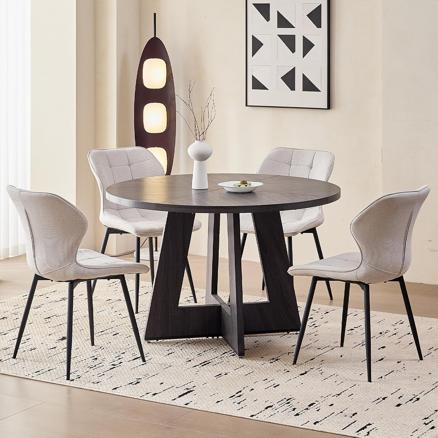 47" Round Dining Room Table Set for 4, [Fanned Base] [1.38" Thick Top] Wood Kitchen Table with 4 Water-Resistant Fabric Dining Chairs
