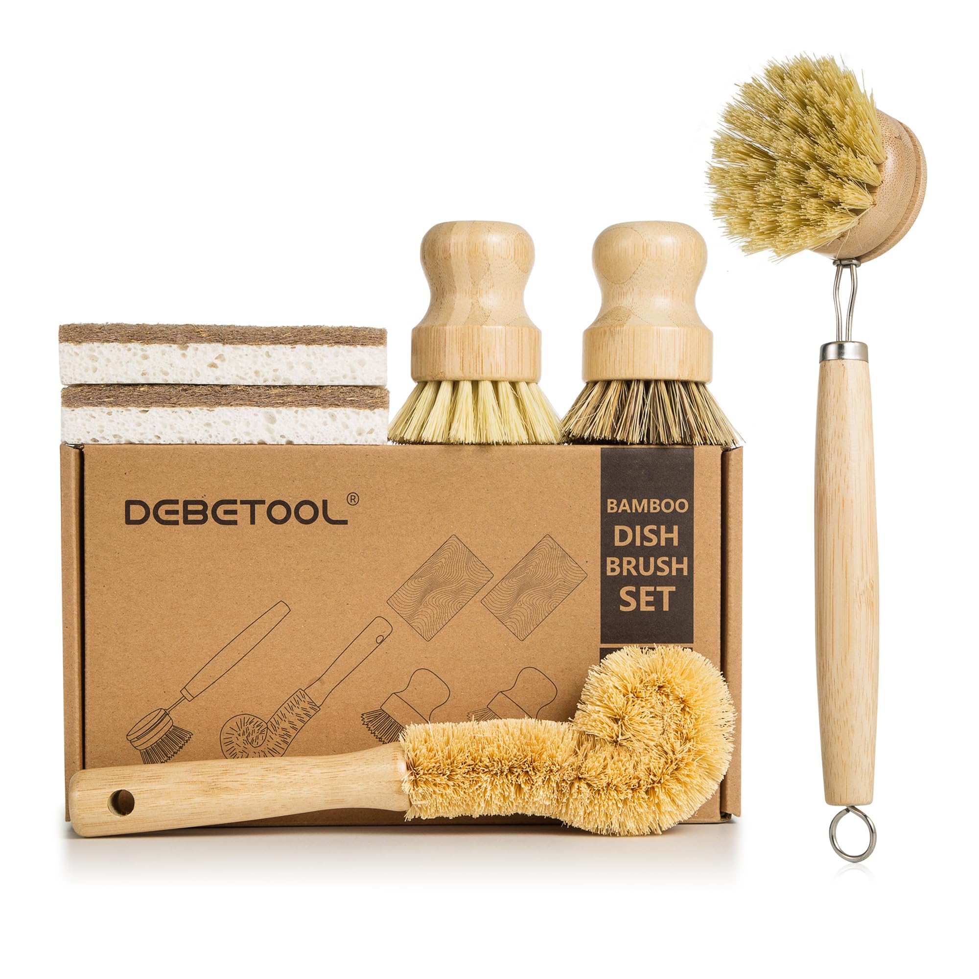 DEBETOOL 6 Piece Bamboo Dish Brush Set with Coconut Sponge - Wooden Dish Brush with Sisal and Palm Fiber, Natural Bamboo Dish Scrub Brush for Kitchen