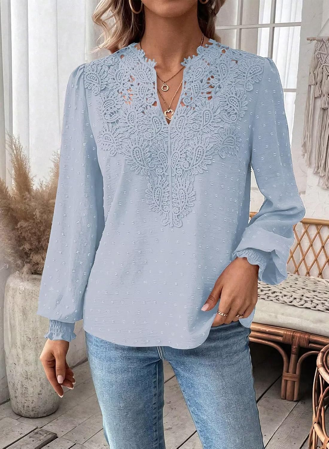 Womens Tops Swiss Dot Boho Long Sleeve Shirts V Neck Casual Chiffon Blouses Flowy Lace Hem Cute Clothing Trendy 2026 - Image 2