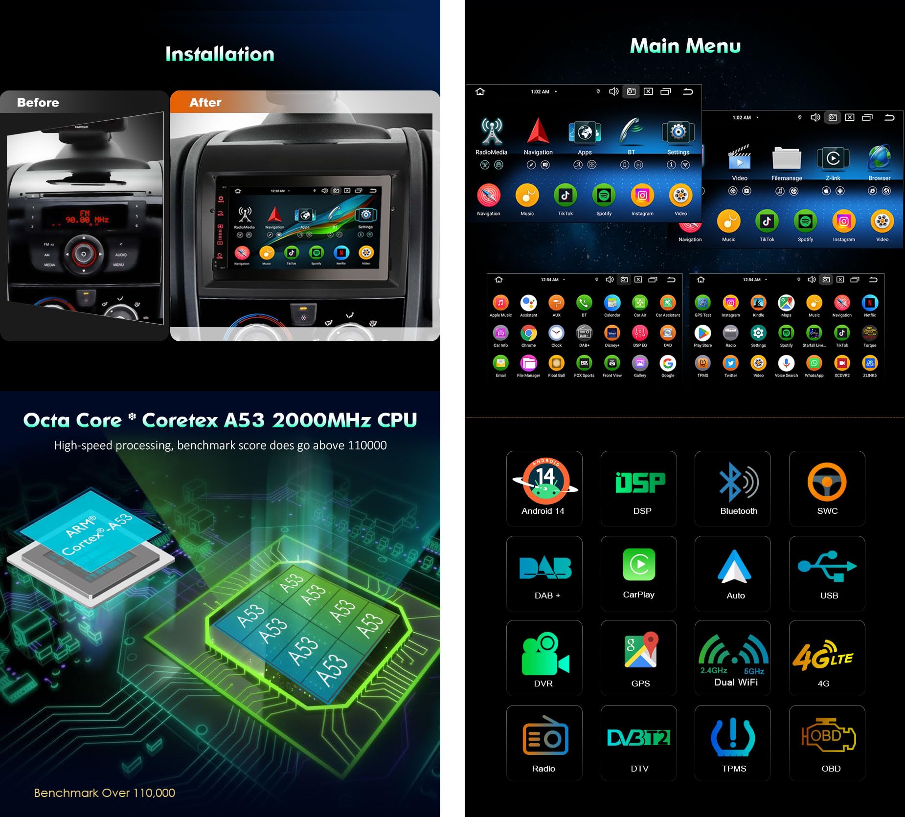 Android 14 8-Core 4GB+64GB Autoradio GPS Navigatore per Fiat Ducato, Citroen Jumper, Peugeot Boxer Supporta Bluetooth 5.0 Wireless CarPlay Android Auto WiFi 4G DSP FM Radio Canbus Touchscreen
