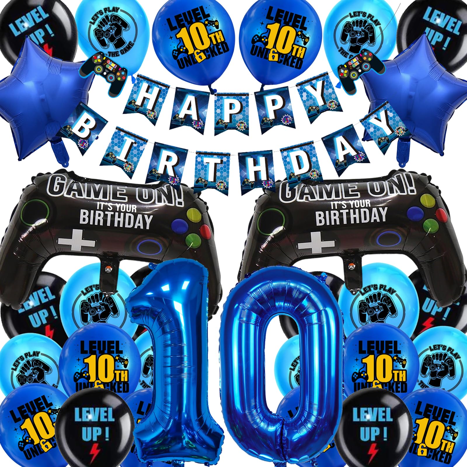 Gaming Birthday Decorations for Boys - Blue Happy 10th Birthday Banner Decoration Set with Controller & Star Foil Balloons, Video Game Theme Party Supplies — image 1