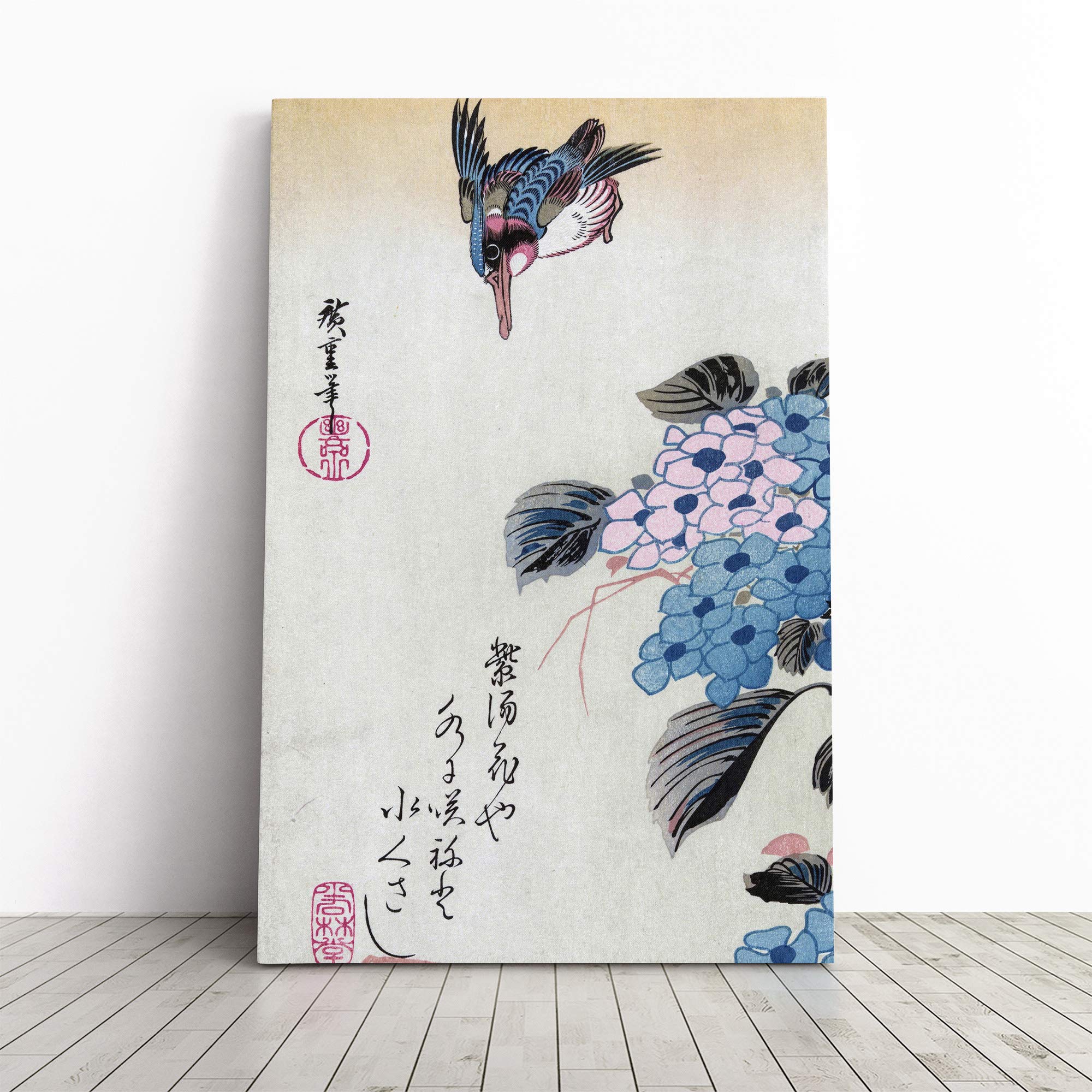 Hiroshige Japanese Oriental Hydrangea and Kingfisher Canvas Print | Gallery Wrapped 30mm Frame Wall Art | 24x16 inches | Ready to Hang | Asian Bird Picture | Living Room Bedroom Lounge Office