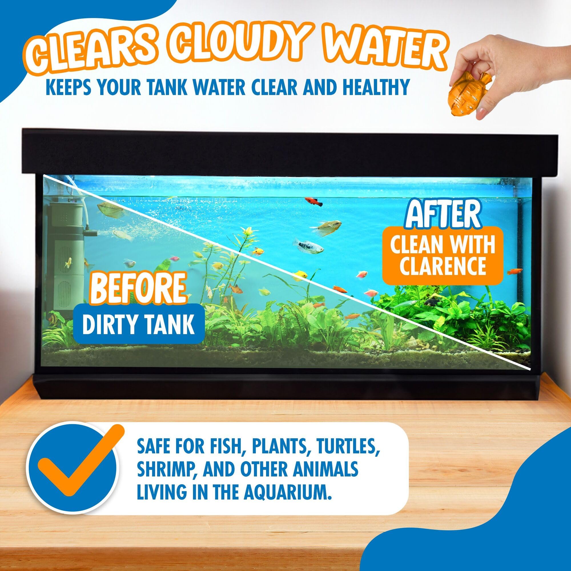 Clarence the Clarifier Fish Chiarificatore per acquario, trattamento dell'acqua trasparente e nuvoloso, sicuro per pesci e piante d'acqua dolce e salata, arancione, confezione da 3