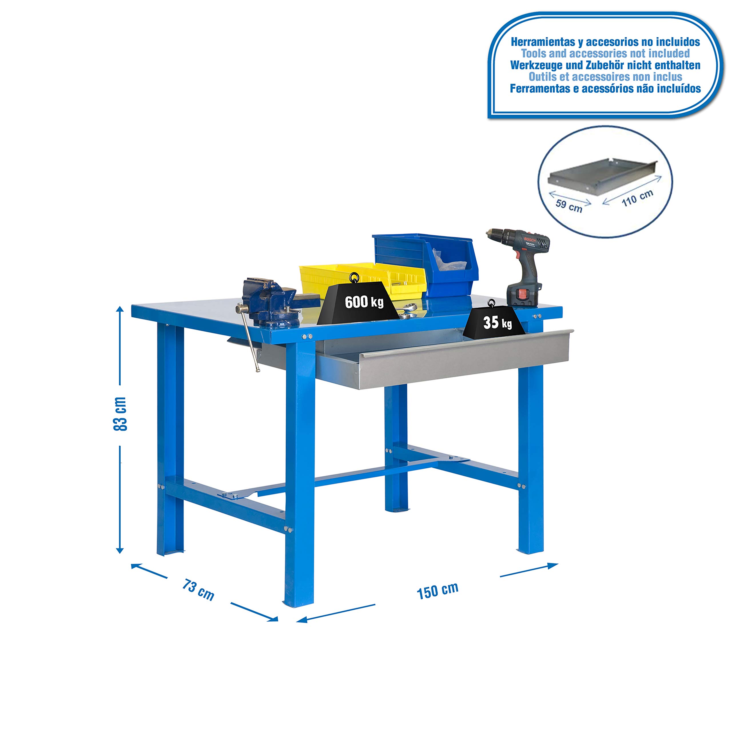Simonrack Banco da lavoro industriale con cassetto BT6 Simonwork Metalic Blu 830x1500x730 mm - banco da lavoro resistente 800 kg di capacità per ripiano