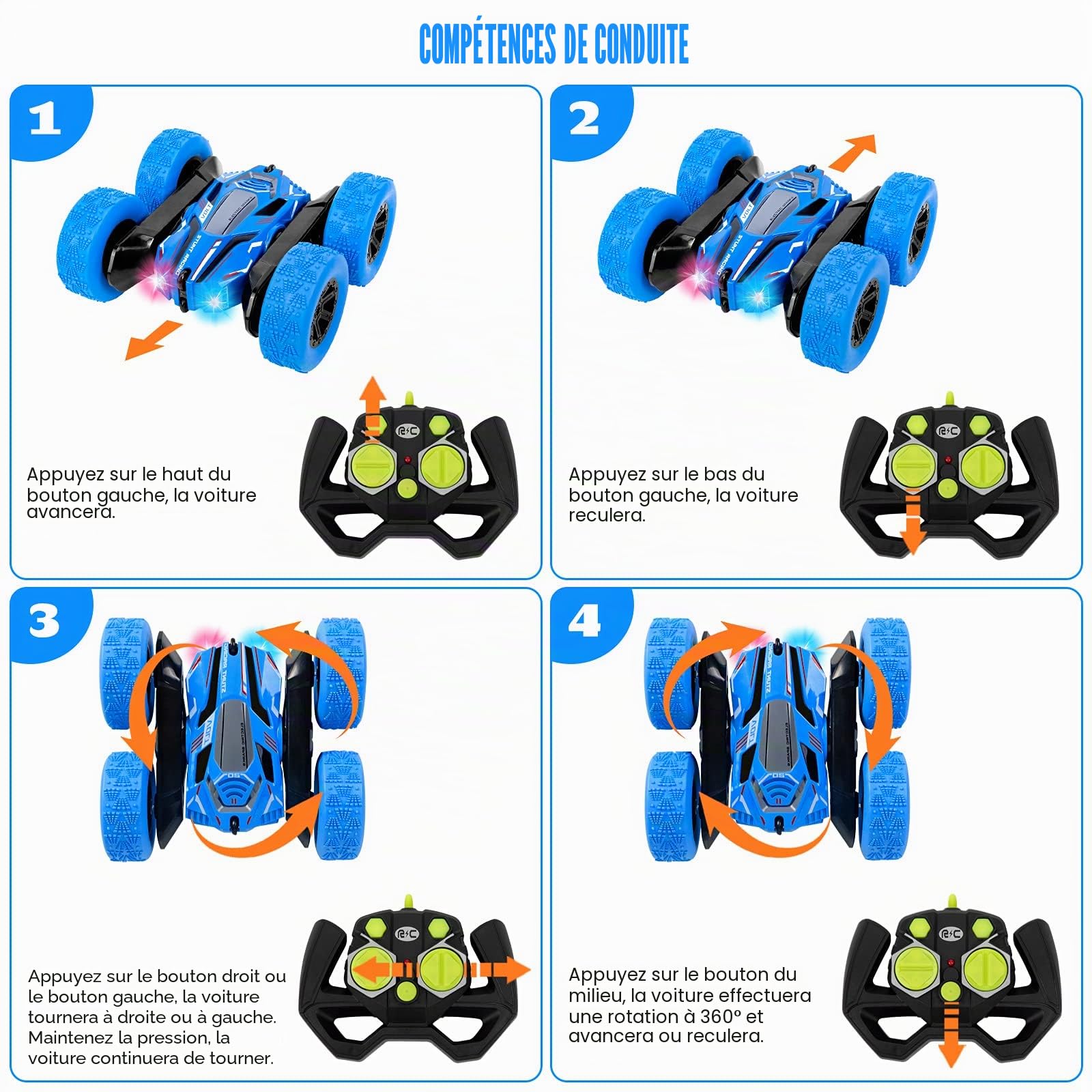 Thedttoy RC Voiture Telecommandé Tout-Terrain pour garçons Filles, 4WD 360°Rotation Stunt Car Offroad RC Véhicule avec LED, 2.4GHz Voiture Radiocommandee Crawlers pour Enfants 3 4 5 6 7+ Ans(Bleu)
