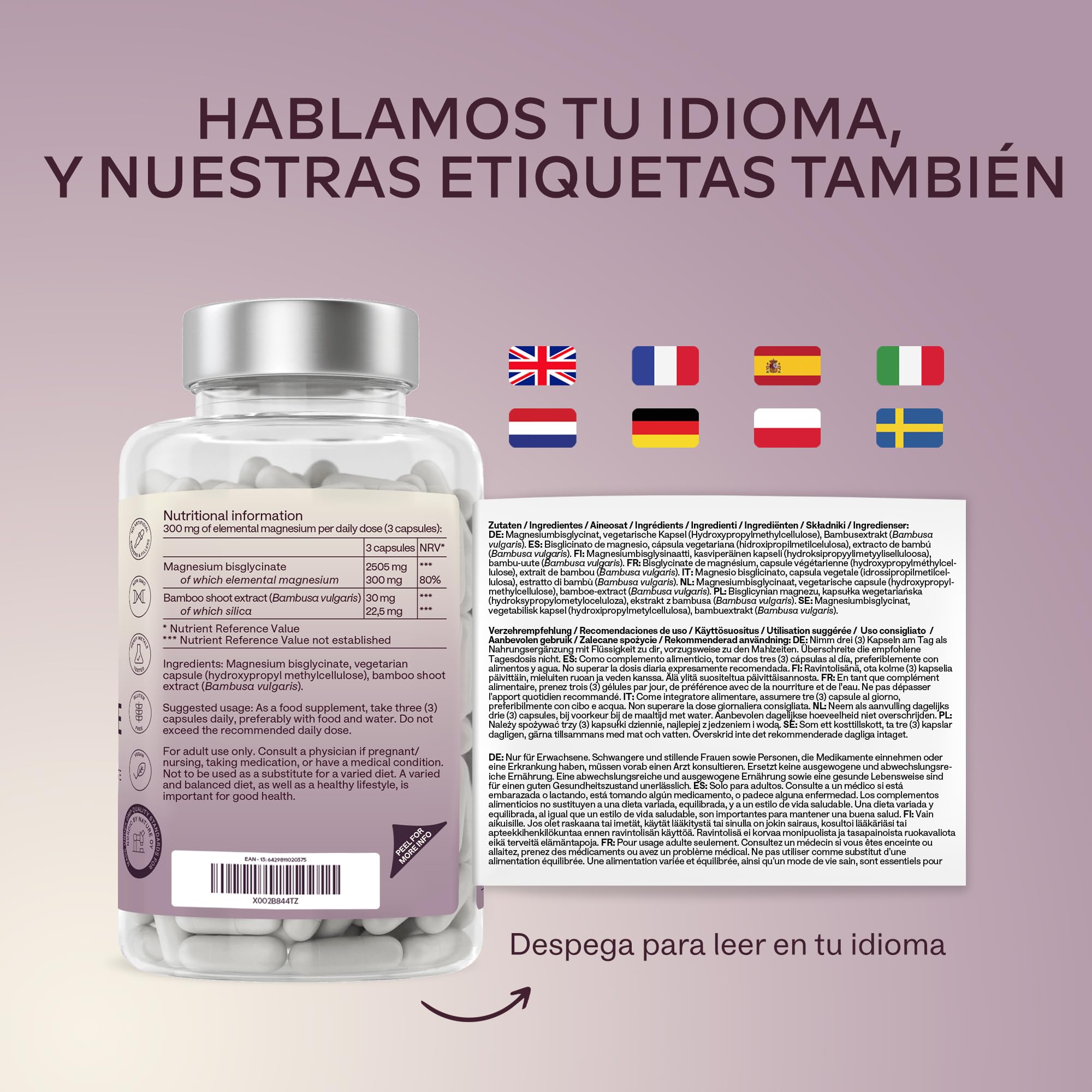 Bisglicinato de Magnesio Quelado – Magnesio Bisglicinato de Alta Biodisponibilidad y Absorción – 180 Glicinato de Magnesium cápsulas - Vegano