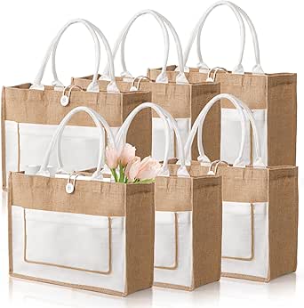 ZOOFOX 6 Pack Jute Tote Bags, 16.5"x 13"x 7" Large Burlap Tote Bag with Handles, Beach Bag for Women, Grocery Bridesmaid Bag Weaving Tote Bags for Beach, Wedding, Shopping, Travel