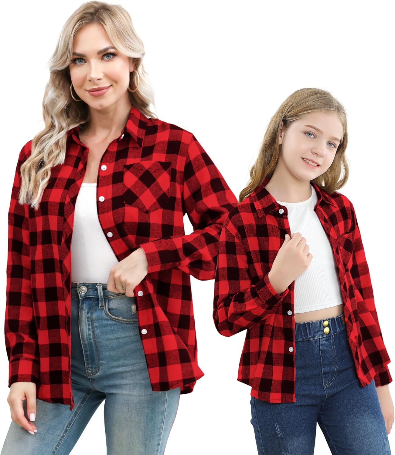 SANGTREE Womens and Girls Long Sleeve Casual Button Down Plaid Shirts, 3 Months – Adult 2XL
