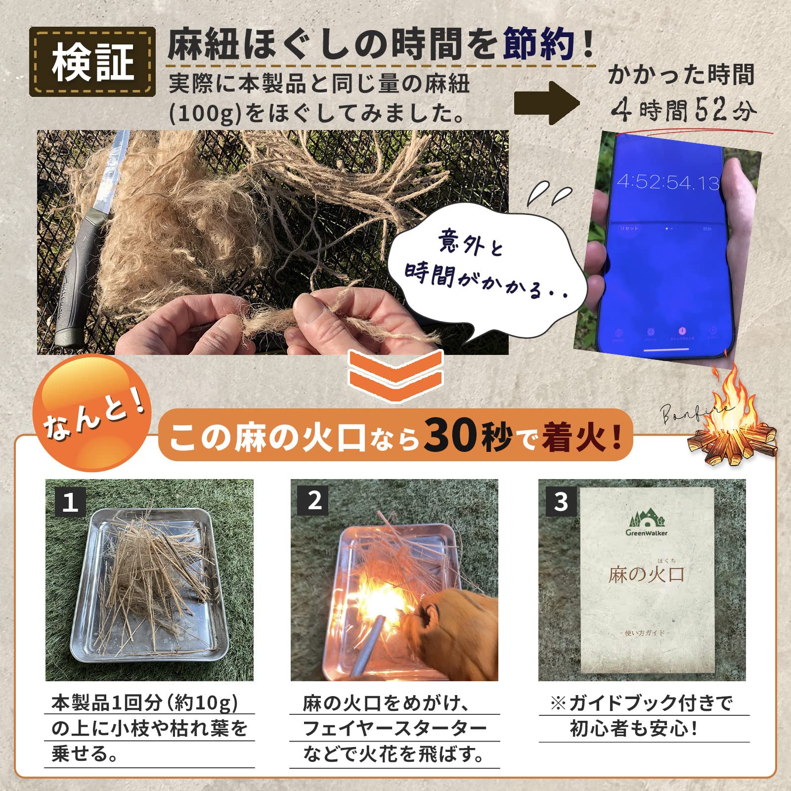 Amazon | GreenWalker 【焚き火のプロ監修・ほぐさない麻紐】 麻の火口