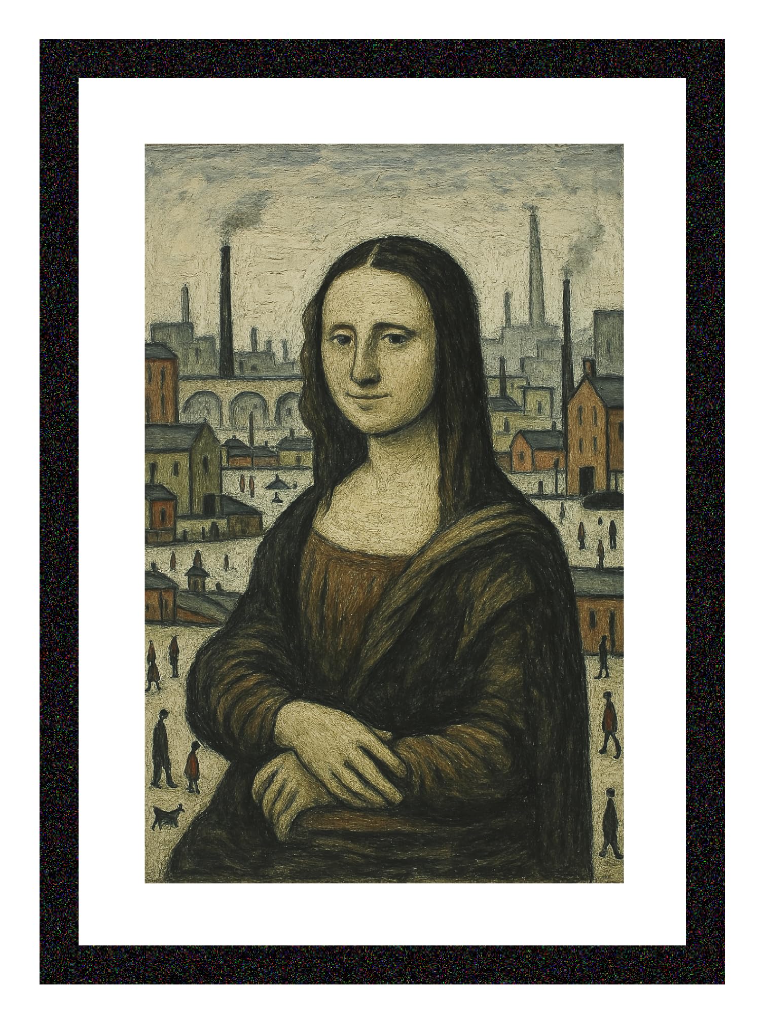 Greetingles Lowry-Style Framed Print. Beautiful Black Ash Frame. Various Designs (Lowry, Mona Lisa 2.0) — image 1