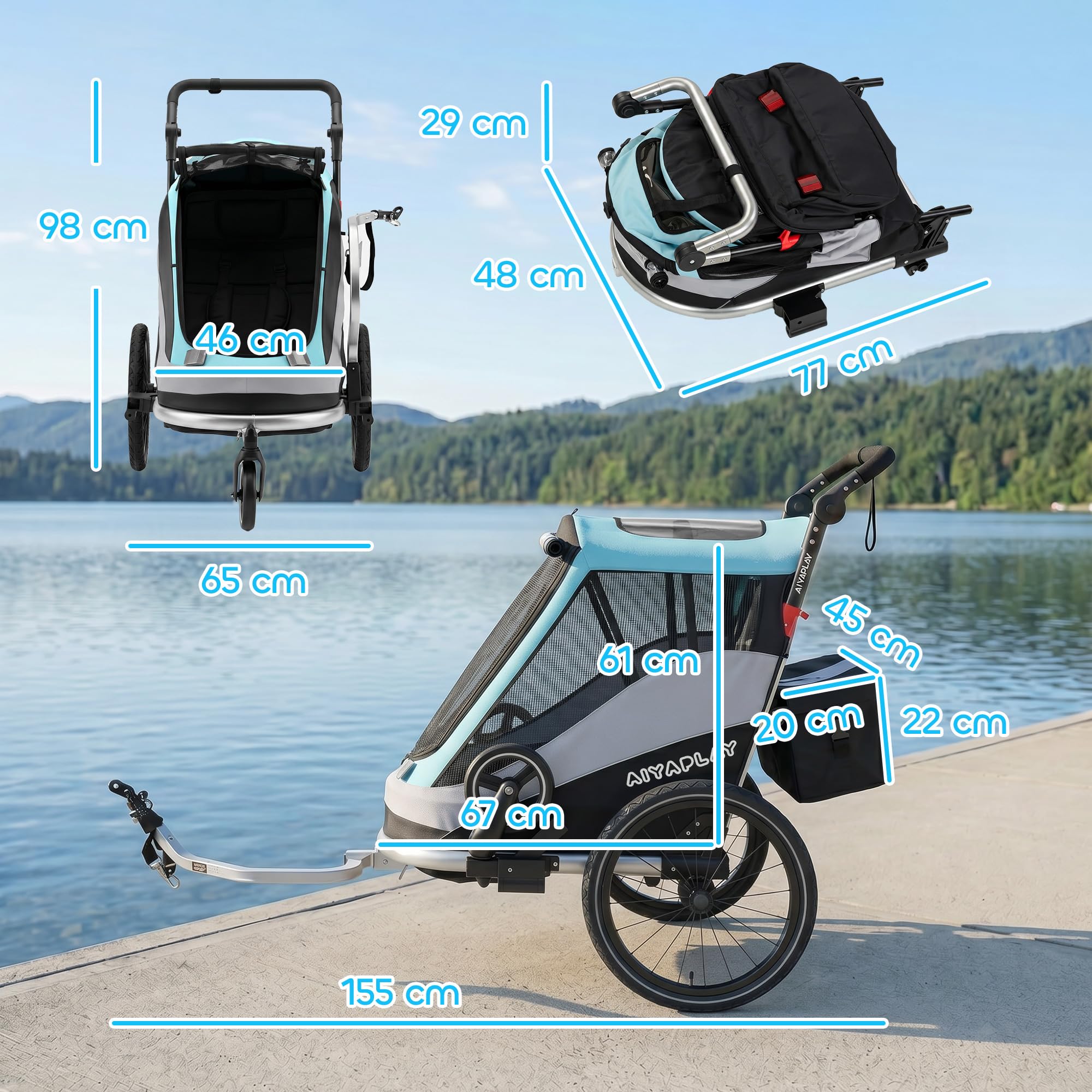 AIYAPLAY Rimorchio per bicicletta e passeggino pieghevole 2 in 1, con cintura a 5 punti, catarifrangenti, pneumatici da 16 pollici, freno, vano portaoggetti, per bambini a partire dai 12 mesi, massimo