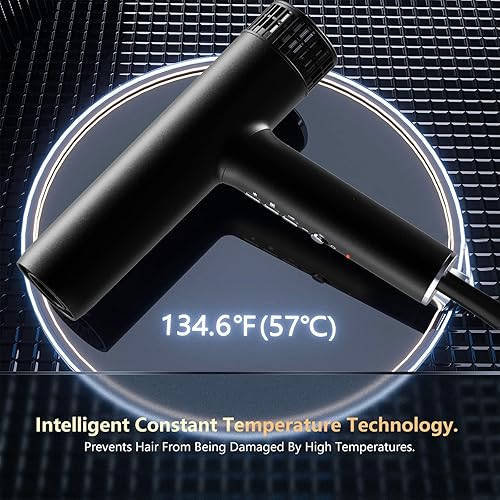 Miniatura 6 de Secador de pelo, secador de pelo iónico profesional sin escobillas con difusor, boquillas magnéticas, 0.83 libras, 2000 W, 60 dB, 3 ajustes de calor