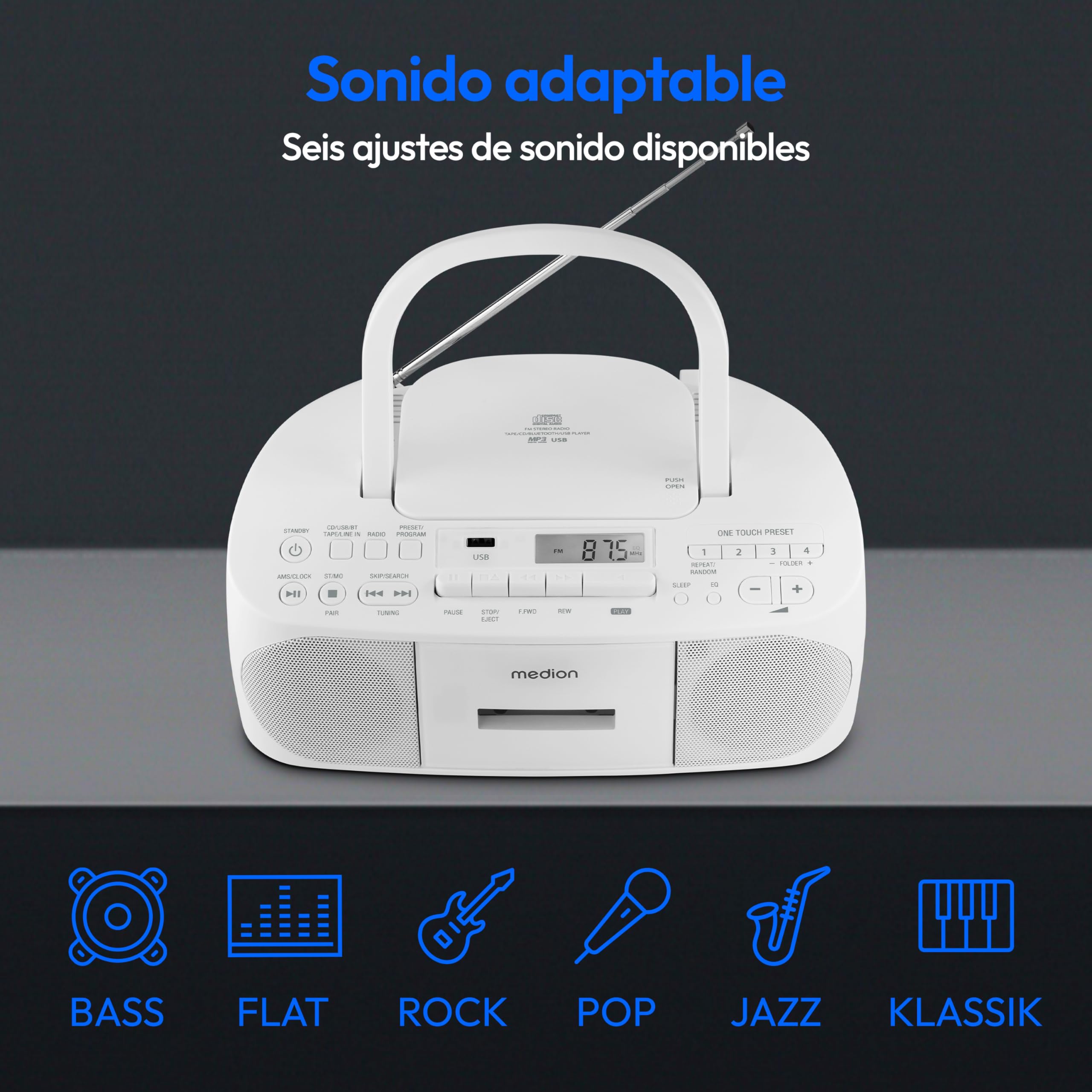 MEDION E65010 Radio estéreo (Reproductor de CD, Casete, conexión USB, Entrada de Audio AUX, reproducción de MP3, Radio FM PLL, Memoria de 40 emisoras, Funcionamiento con Pilas