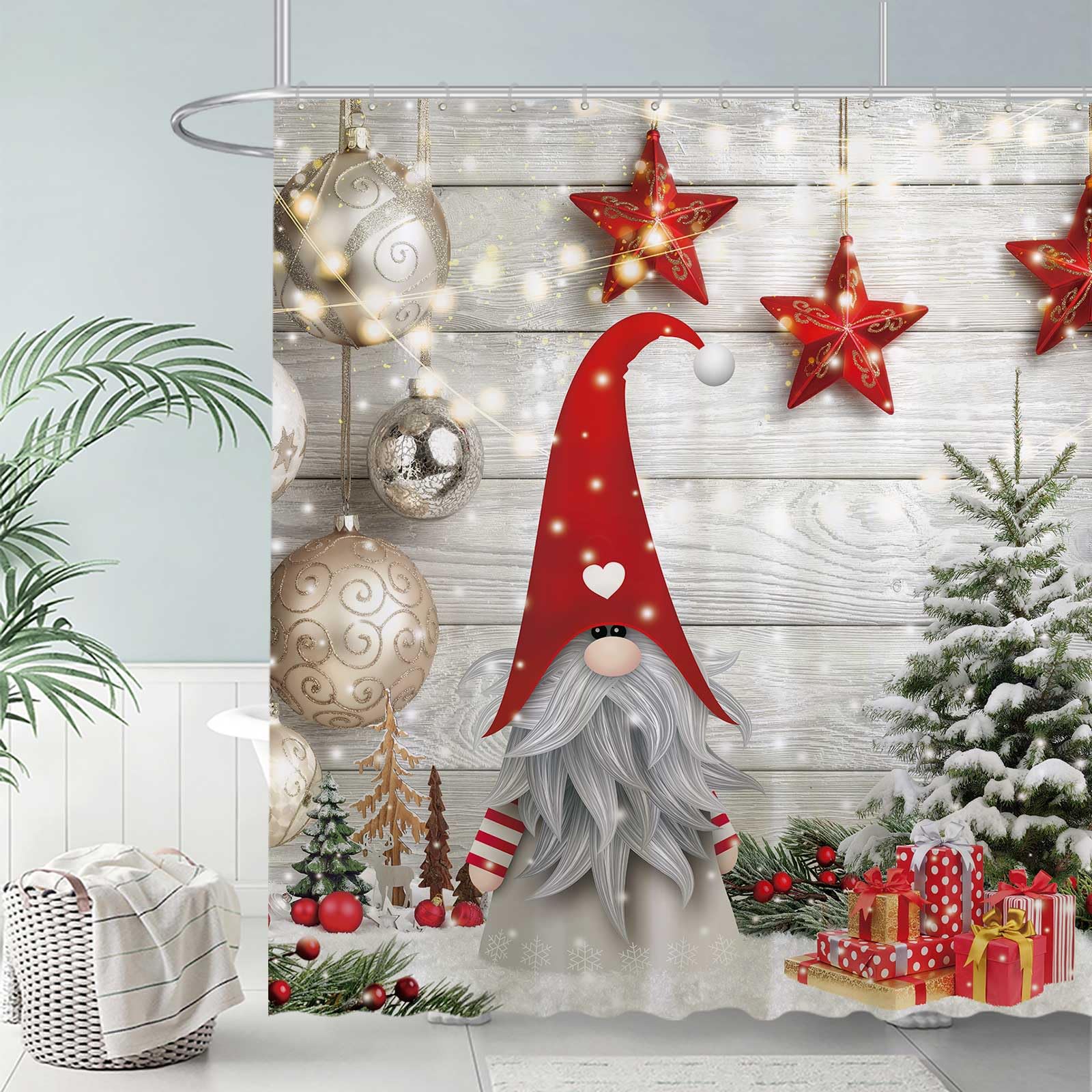 Christmas Shower Curtain - Winter Gnome On Grey Wood Plank With Silver Snow, Farmhouse Style, 69x70 Inches, Includes 12 Hooks