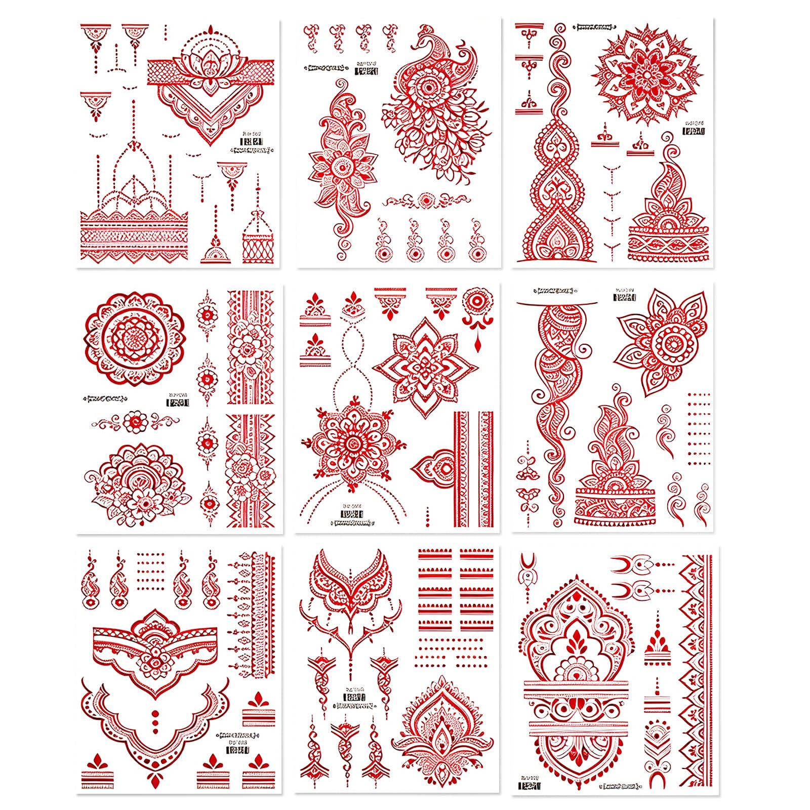 9 Sheets Mehndi Stickers for Hands Full Set, Waterproof Floral Henna Tattoo Stickers for Women, Retro Red Mandala Temporary Tattoo Body Decal for Bridal Party-image-33
