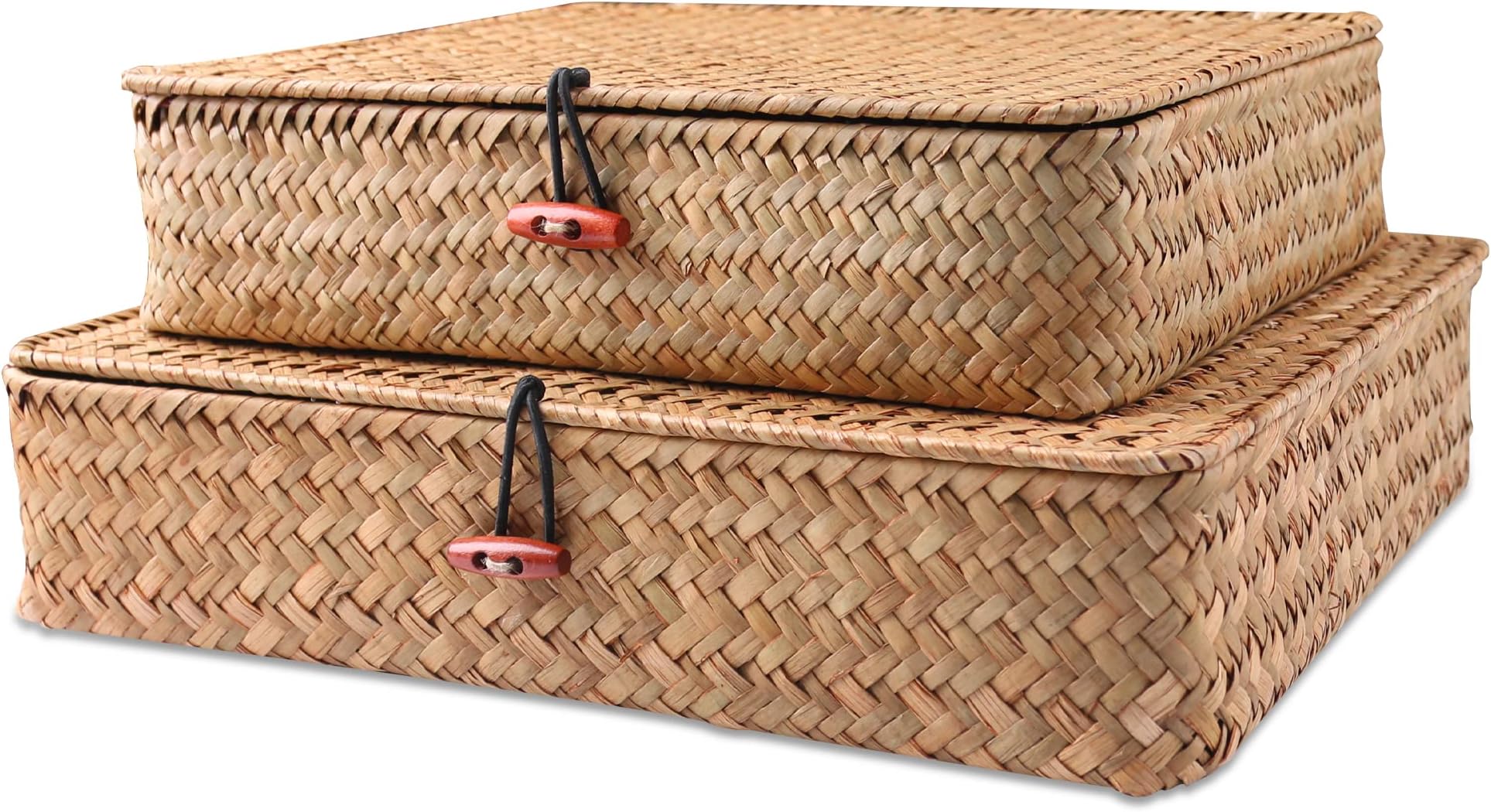 FEILANDUO Shelf Baskets with Lids Wicker Storage Baskets for Shelves Organizing Natural Seagrass Rattan Woven Organizer Boxes Boho Home Decor Set of 2 (Natural)