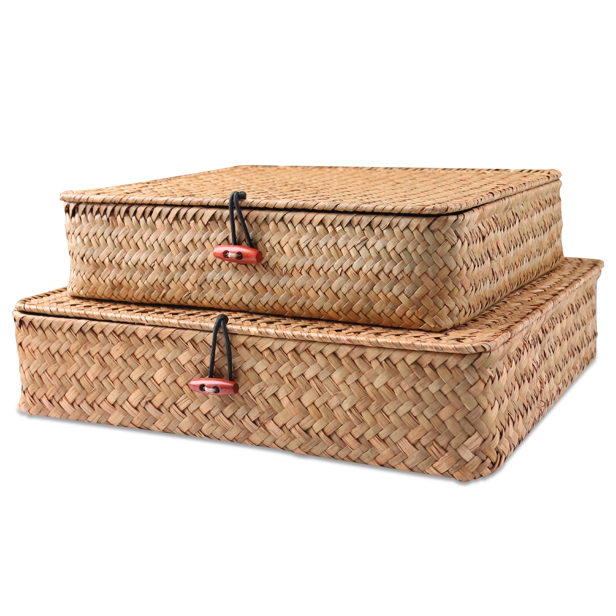 Cesto In Vimini Di Alga Marina Naturale Con Coperchio E Pulsante – 36x24x17 Cm – Organizer Decorativo Per Casa, Dispensa, Bagno