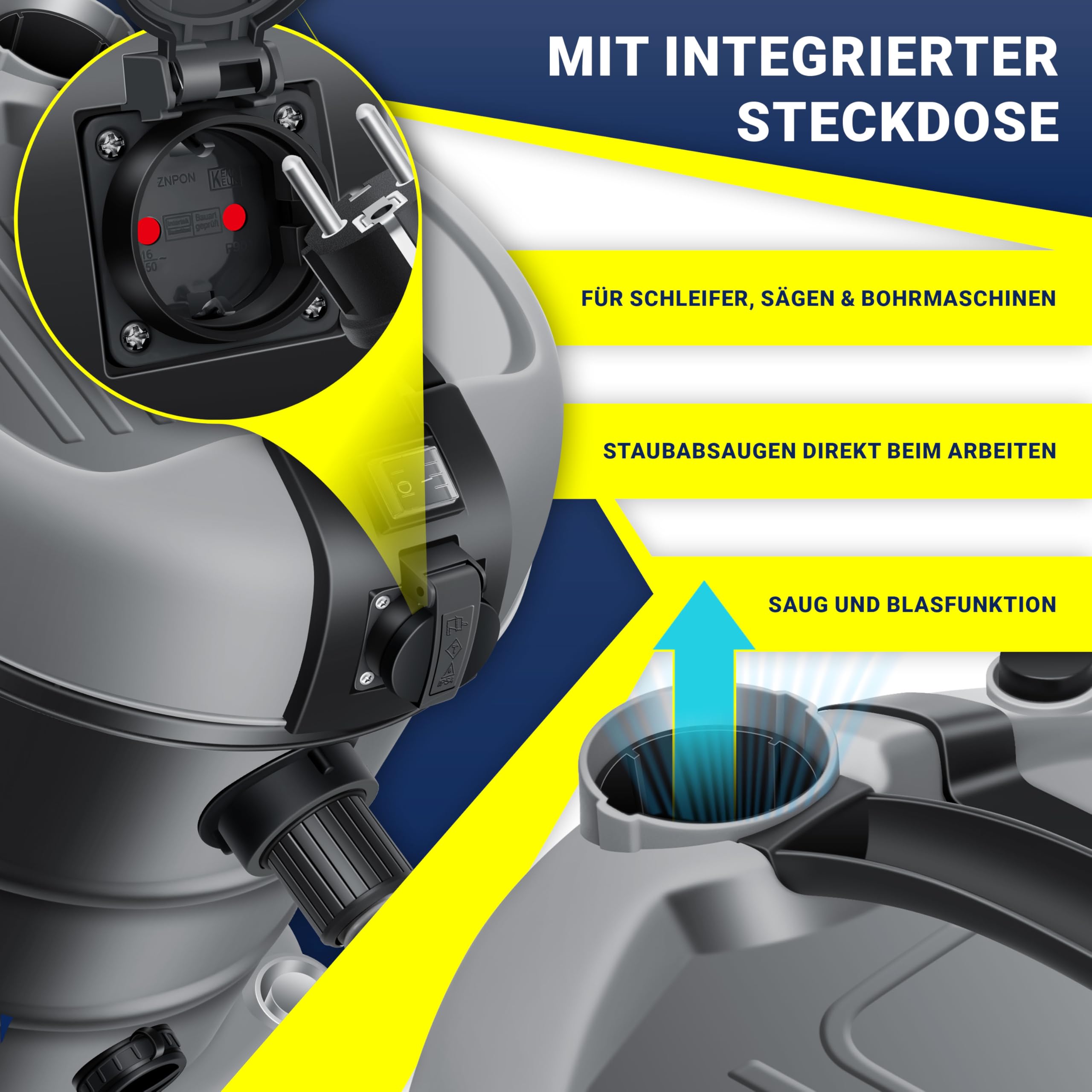 Masko® Aspirateur Industriel Aspirateur Eau et poussière Acier Inoxydable 2 300 W + Prise | Fonction soufflerie | 30 L | avec et sans Sac | Filtre Interchangeable Inclus | Tuyau: 3,5 m | Anthracite